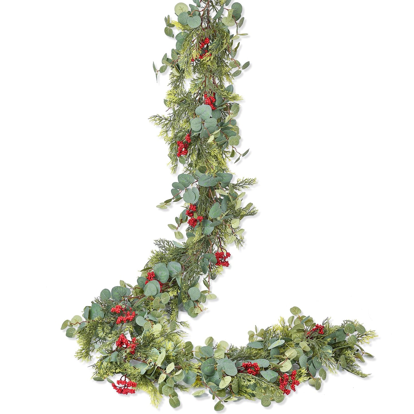 JoyHome 6ft Pine Christmas Garland, Artificail Red Berry Garland Christmas with Eucalyptus Leaves Cypress Garland for Home Decoration Holiday Mantel Table Decor