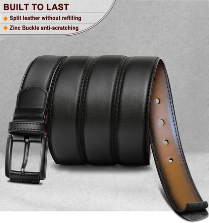 KEMISANT Men Reversible Belt-Leather Belt for Men Dress Casual Jeans 1 3/8",One Reverse For 2 Sides(Black/Tawny,28"-30" Waist Adjustable)
