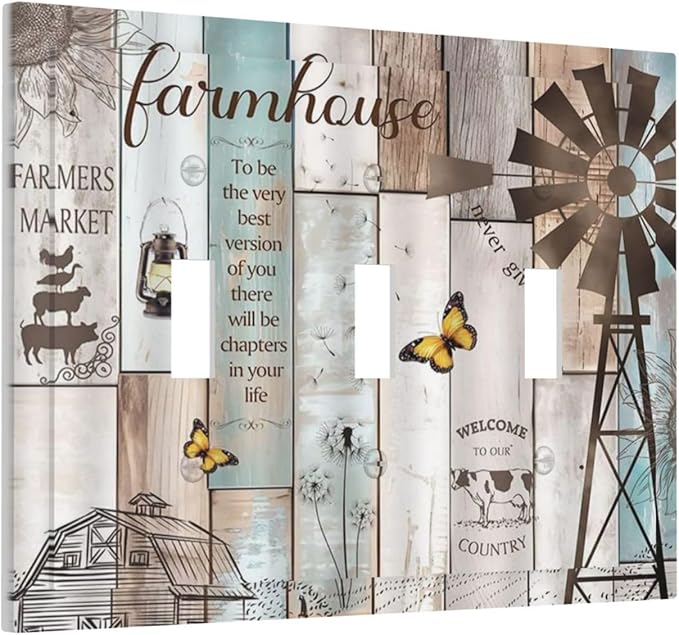Rustic Western Farmhouse Windmill 3 Gang Light Switch Covers Vintage Barn Wooden Plank Inspirational Quote Triple Toggle Wall Plate Decorative Switchplate Electrical Faceplate