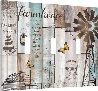 Rustic Western Farmhouse Windmill 3 Gang Light Switch Covers Vintage Barn Wooden Plank Inspirational Quote Triple Toggle Wall Plate Decorative Switchplate Electrical Faceplate
