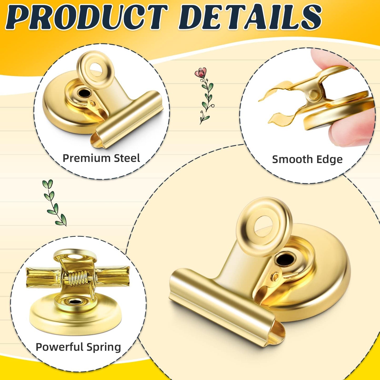 Grtard 24pack Luxurious Cute Gold Magnetic Clips, Strong Heavy Duty Scratch Free Refrigerator Magnet Clips, 24 Count