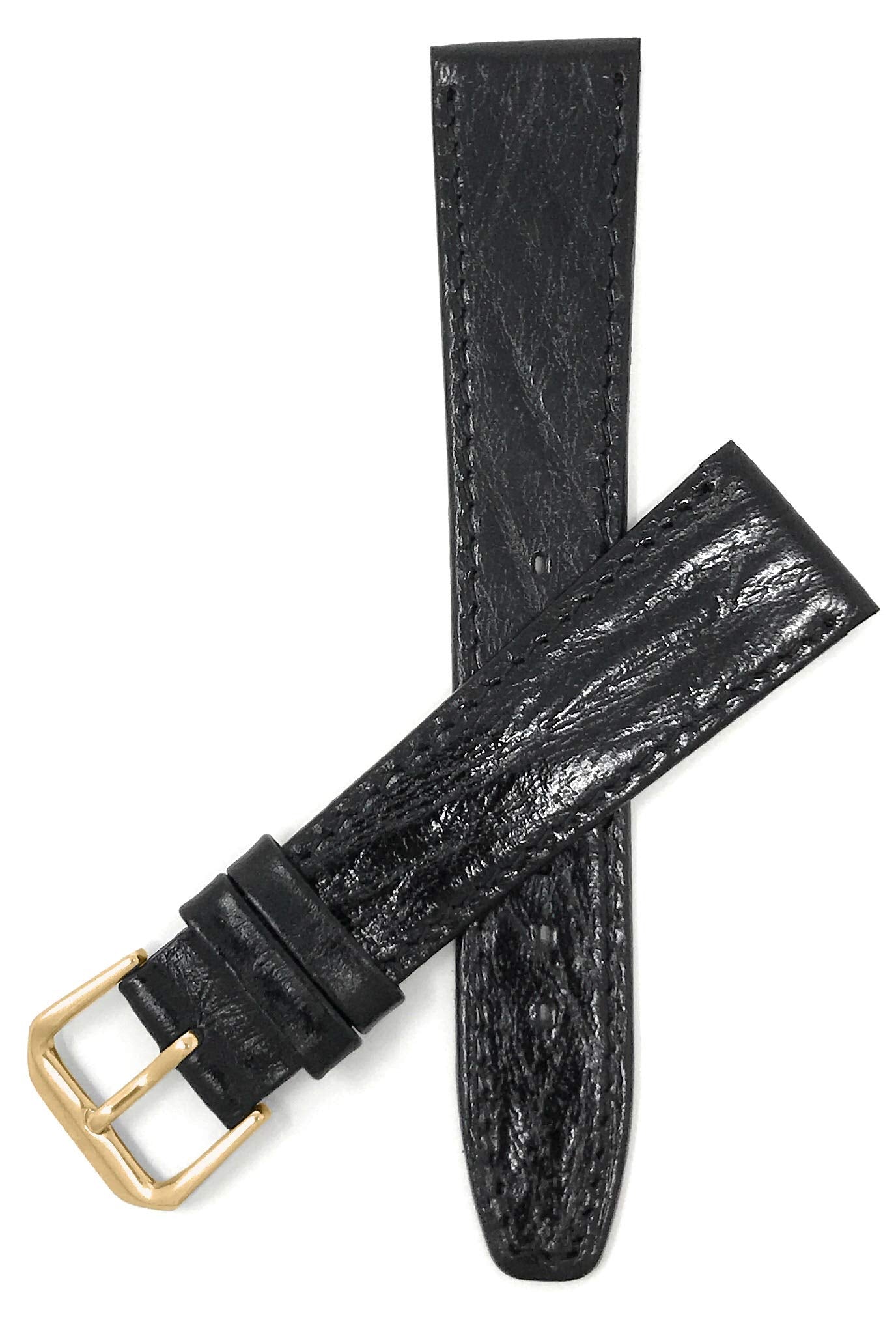 Bandini 18mm Italian Leather Watch Band Strap - Black - Semi-Glossy - Slim - Gold Buckle