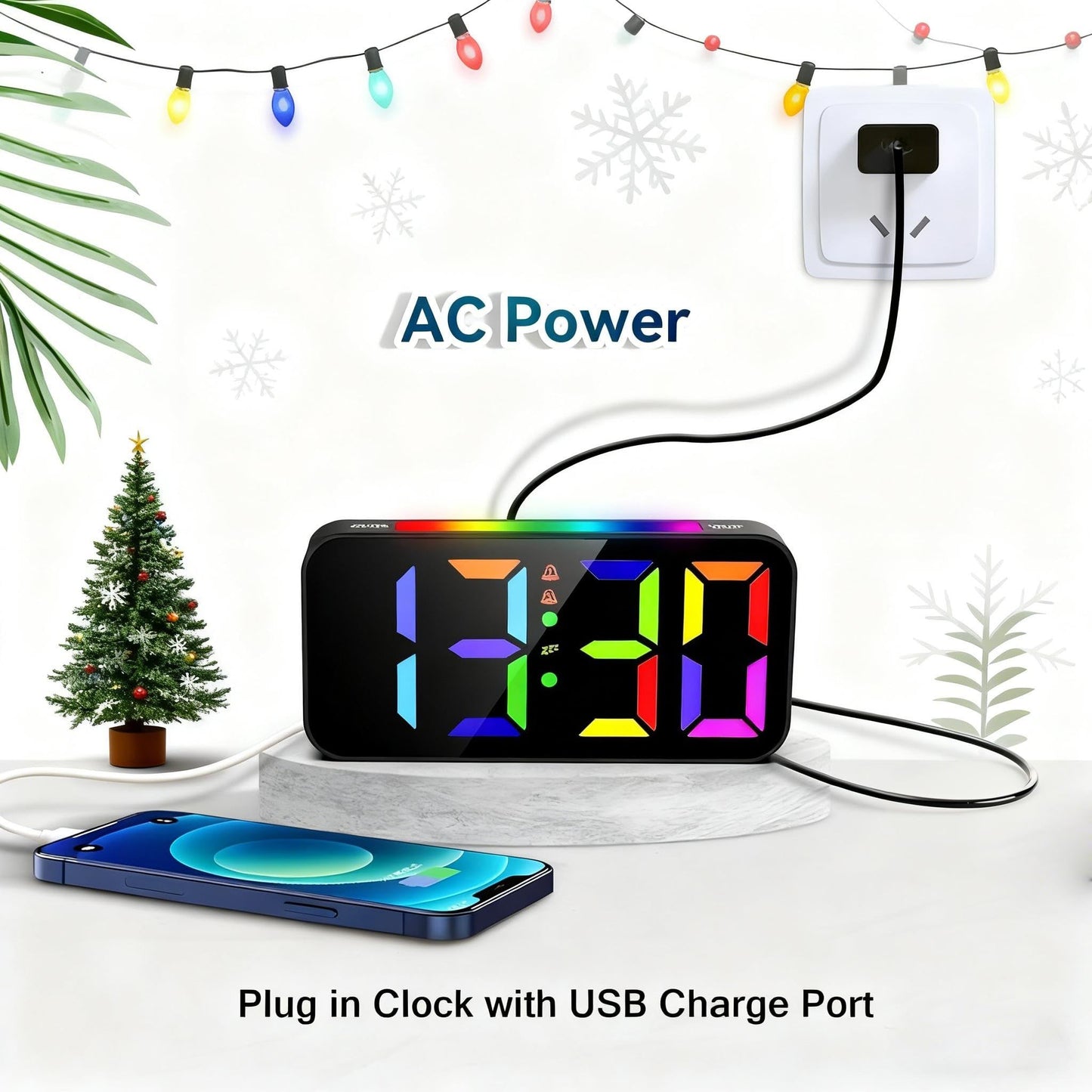Topski Loud Alarm Clocks for Bedrooms Heavy Sleepers, Plug-in Digital Bedside Clock with RGB Night Light, Large Display, Dual Alarm, Snooze, Dimmable, 3 Volumes