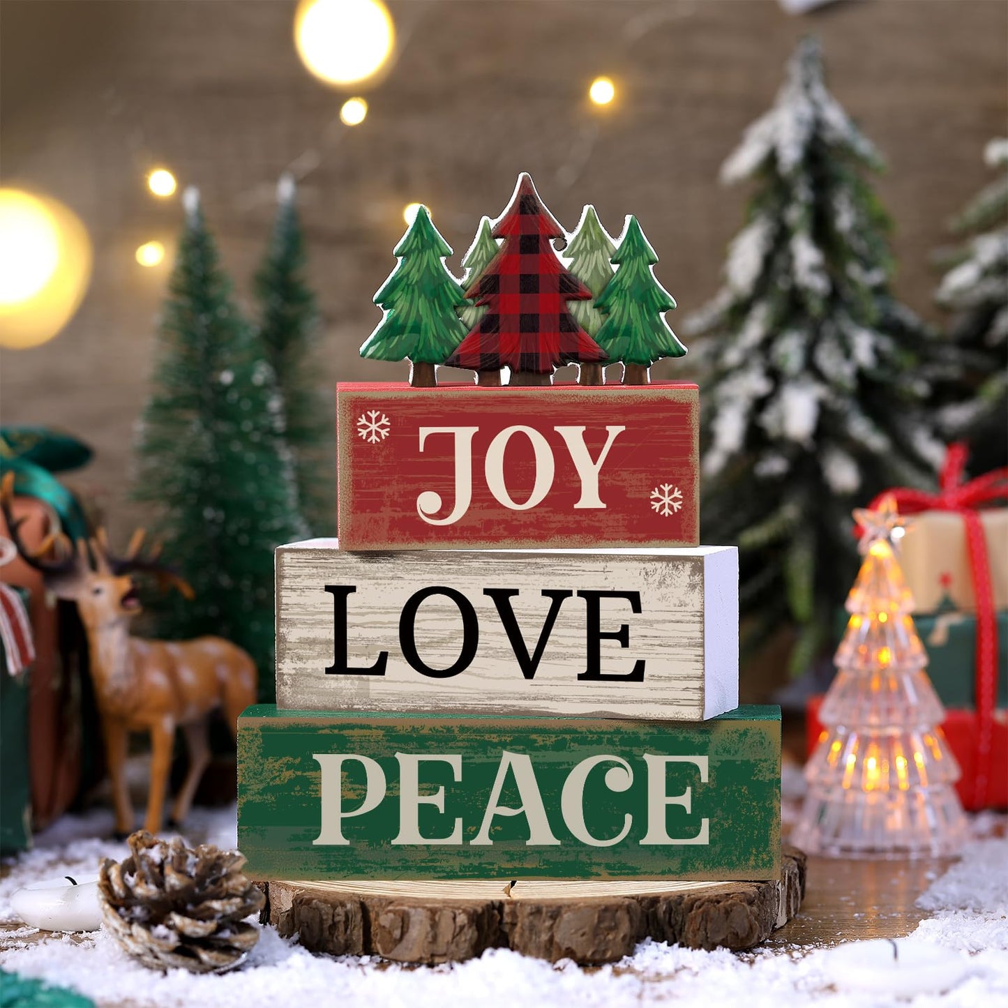 Lineshading 4 Pcs Christmas Table Decor Christmas Tree Centerpiece Joy Peace Love Sign Rustic Decorative Tree Block Signs Gift Winter Tiered Tray Decor Farmhouse for Home Xmas Party Kitchen Shelf