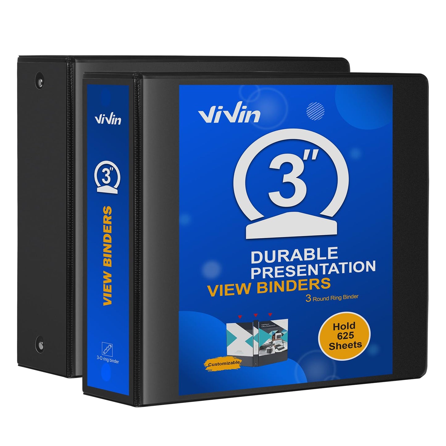 ViVin 3 Ring Binder 3 inch with Clear View Cover, Large 3" Round Ring for Strength, Holds 600 Sheets of US Letter Size Paper, Office Home School, 2 Pack (Black)
