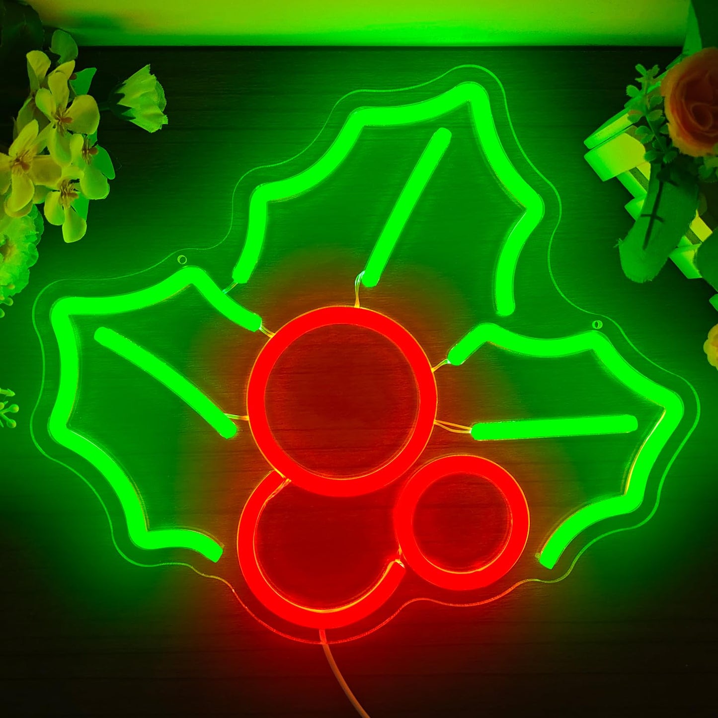 Holly Neon Sign for Wall Decor Dimmable Christmas Neon Sign Fruit Neon Light Signs Led Neon Light Up Sign Neon Signs for Bedroom Living Room Shop Bar Pub Club Christmas Gift Party