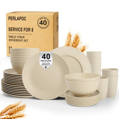 Wheat Straw Dinnerware Set 40-Piece Service for 8 Unbreakable Dishes Set Plates and Bowls Sets Drinking Glasses Microwave Safe Dish Set Lightweight Dinnerware Set for Home & Kitchen - Yellow
