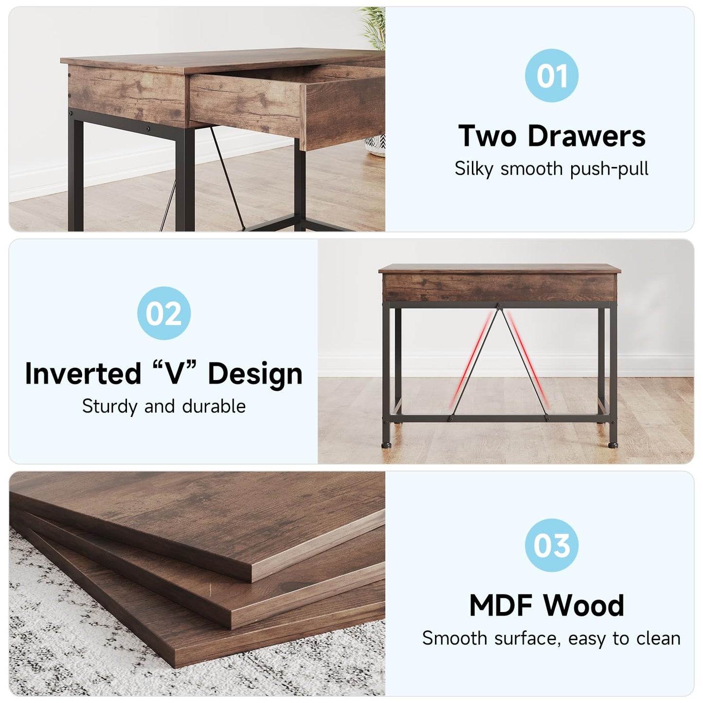 Mexin Small Desk with 2 Wooden Drawers, 40 Inch Home Office Writing Desk, Vanity Desk with Storage, Computer Desk for Bedroom Small Spaces, Table for Office, Kids Study, Makeup, Rustic Brown