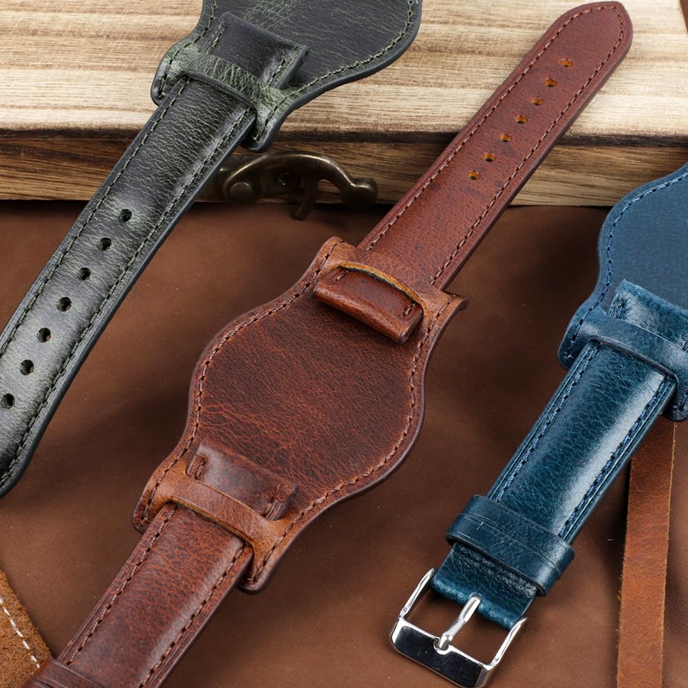Onthelevel Leather Cuff Watch Strap 18mm 19mm 20mm 21mm 22mm Vintage Genuine Leather Bund Watch Band with Mat for Men
