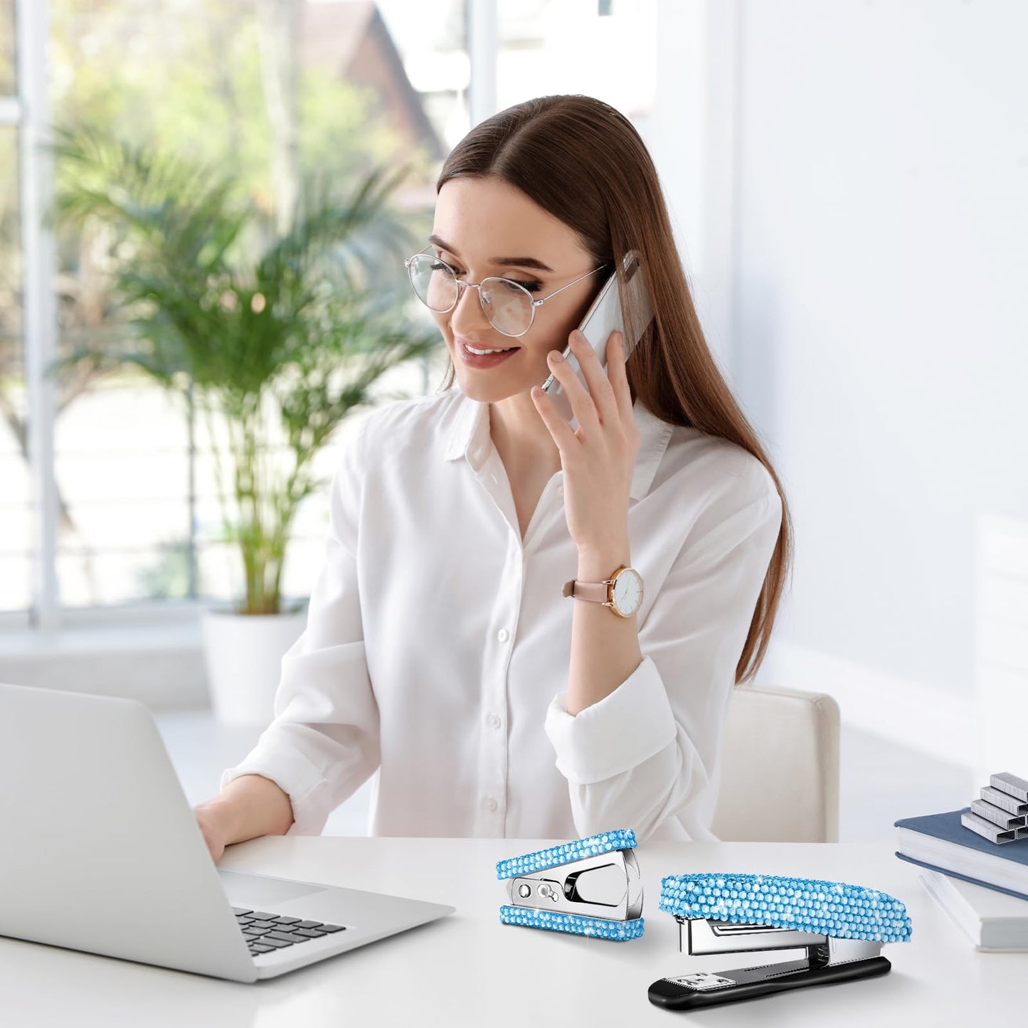 Demissle 6 Pcs Bling Office Desk Accessories Set Crystal School Stationery Kit Scissor Stapler with Staple, Tape Dispenser, Diamond Pen, Staple Remover, Binder Clip, Paper Clip, Push Pins(Blue)