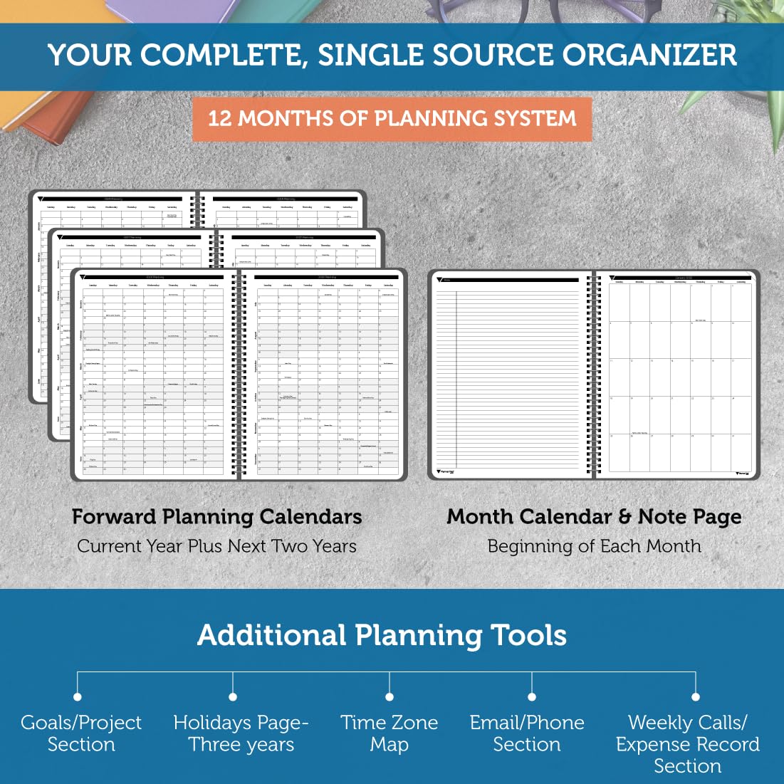 Planner Pad Spiral Bound January-December 2026/ Calendar Year 8 1/2" x 11" Large 3-Tier Funnel Down 12 Month Organizer, Black Cover/Black Ink