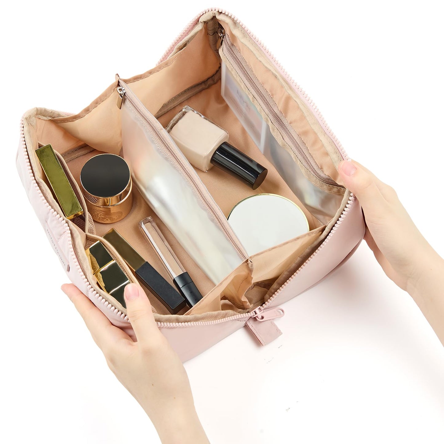 NISHEL Travel Makeup Bag for Women, Fluffy & Lightweight Open Flat Cosmetic Organizer with Multiple Functional Divider for Brush Independent Storage, Handle for Easy Portability, Pink