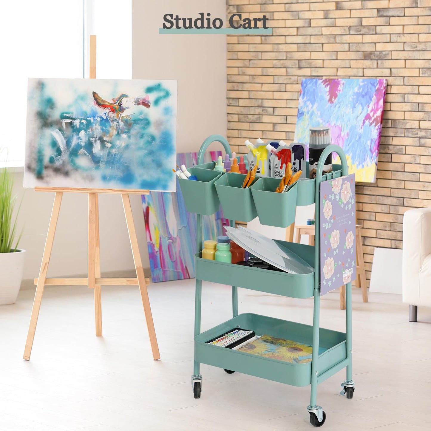 danpinera 3-Tier Rolling Cart, Utility Cart Mobile Metal Rolling Storage Cart with Lockable Wheels & Hanging Cups & Hooks for Kitchen, Bathroom, Office, Workshop, Green
