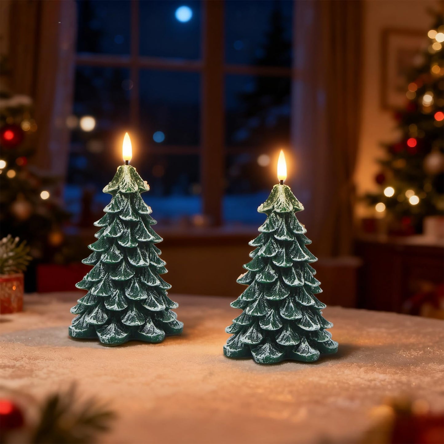 Wondise Christmas Tree Flameless Candles with 6H Timer, 2 Pcs Real Wax Battery Operated LED Candles Flickering, 3D Wick Green Electric Candles for Christmas Holiday Decorations