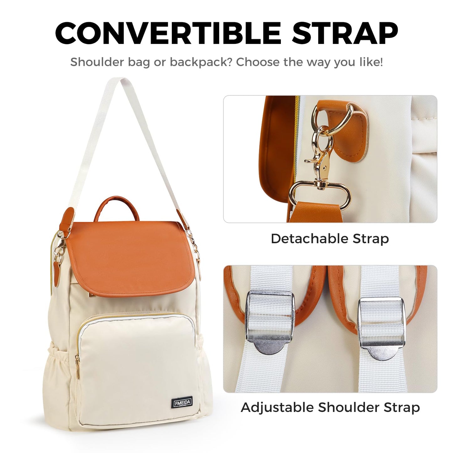 Fmeida Anti-Theft Backpack for Women Convertible Backpack Purse- 3-in-1 Laptop Bookbag for Work College, Cream