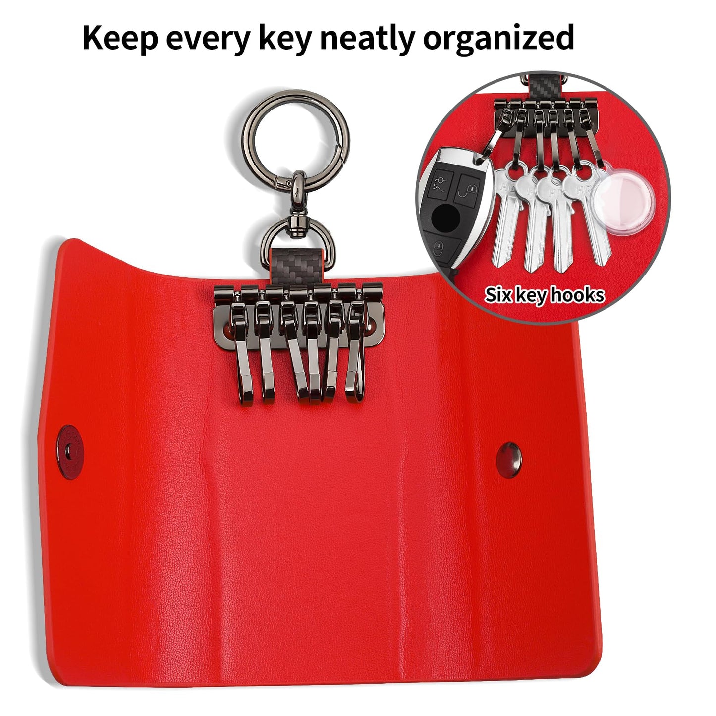 Leather Keychain Wallets Portable Key Holders Pouch Multiple Key Organizer, Key Holder with 6 Hooks for Men or Women,Carbon Fiber Pattern,Red