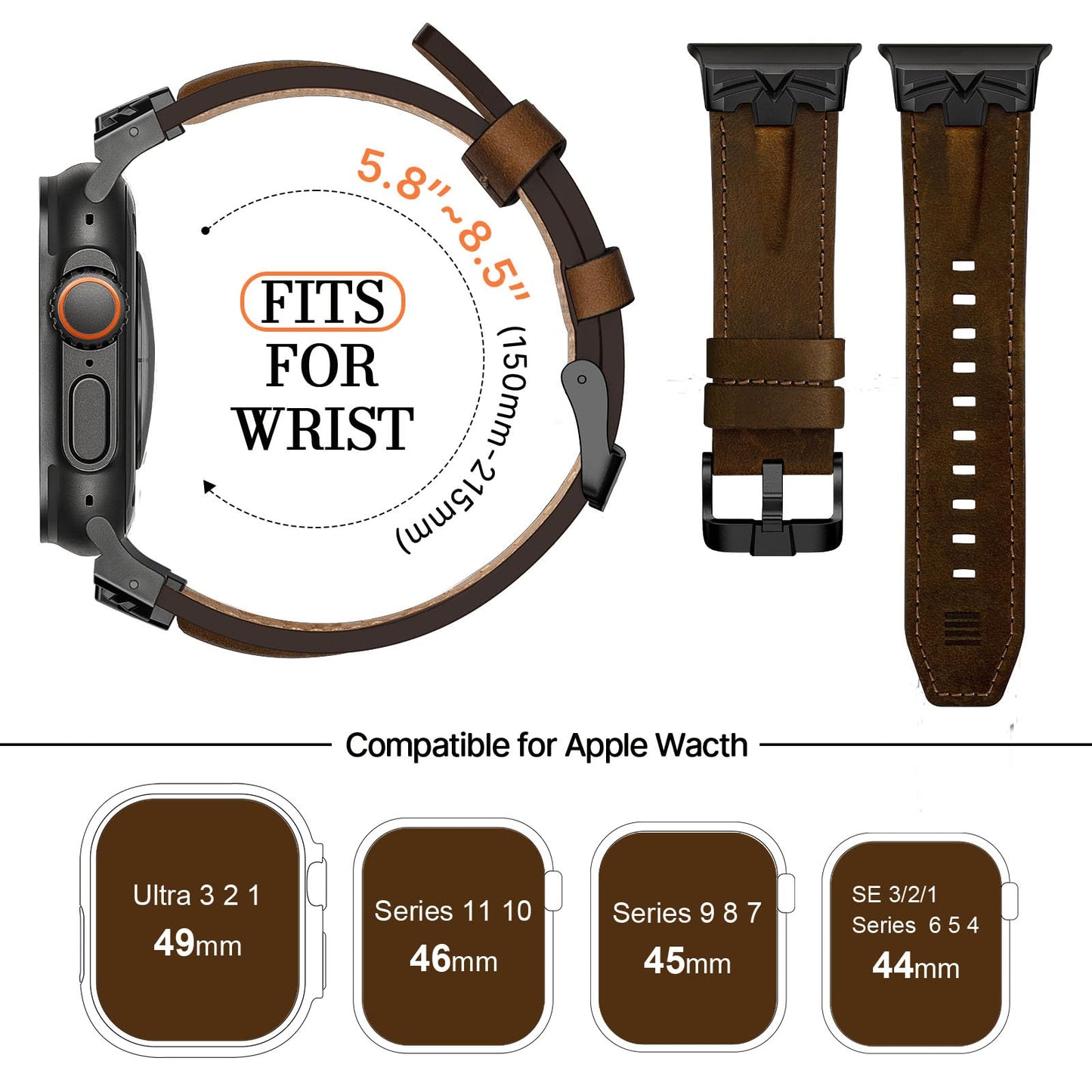 DABAOZA Leather Band Men Compatible for Apple Watch Ultra 3/2 Band 49mm 46mm 45mm 44mm,Genuine Leather Matel Replacement Strap for iWatch Ultra 3 2 1 Series 11 10 9 8 7 6 5 4 SE 3 2 1（Black/Walnut）