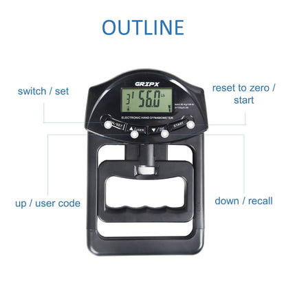 GRIPX Digital Hand Dynamometer Grip Strength Measurement Meter Auto Capturing Electronic Hand Grip Power 198Lbs / 90Kgs, Black