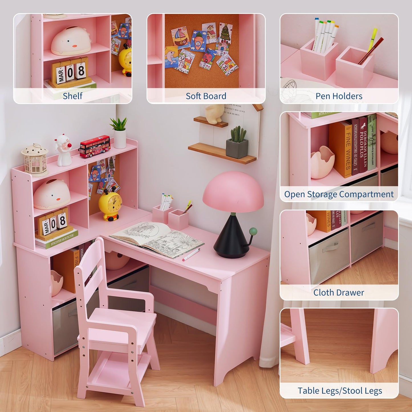 Garvee Kids Corner Desk, Desk and Chair Set for Children, L Shape Kids Study Table - Features Bulletin Board Open Shelves & Storage Cabinets and Cloth Drawers, Pink