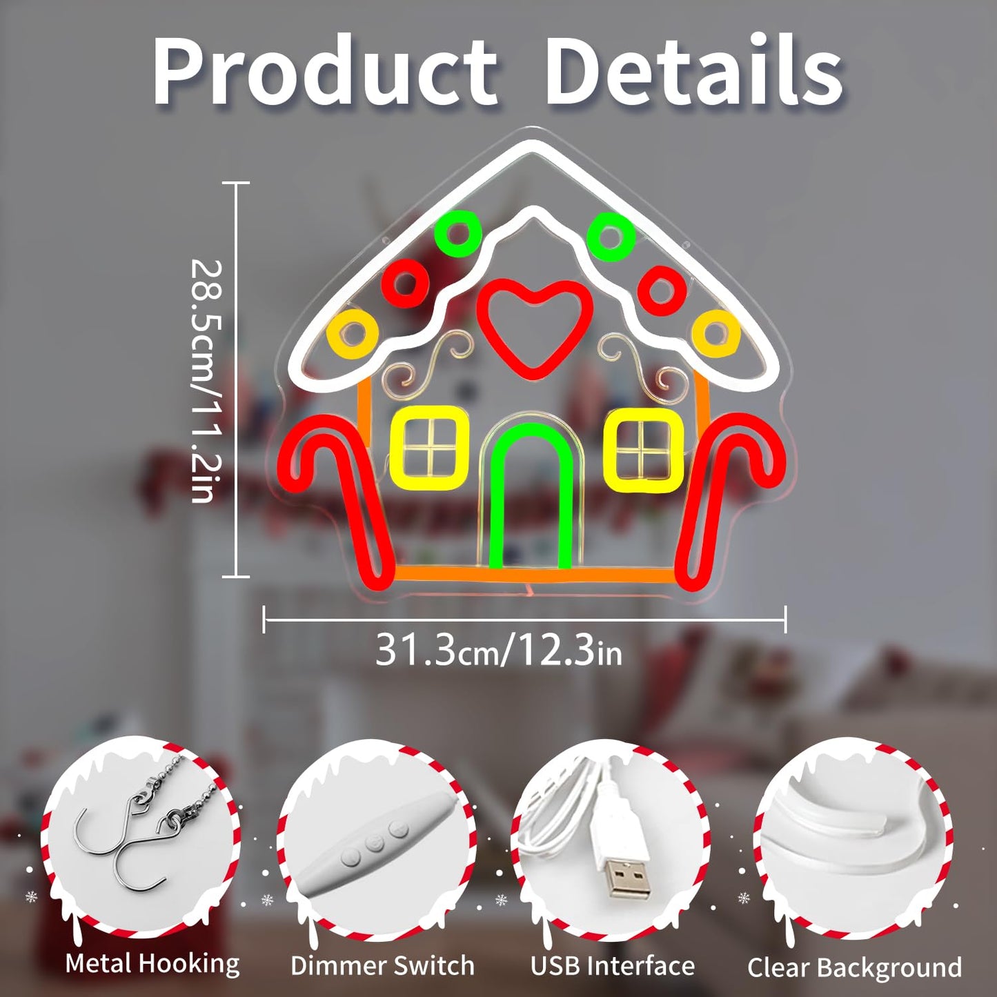 Vveikea Gingerbread Houses Neon Sign Neon Christmas Sign Dimmable Neon Lights Lighted Gingerbread House Xmas Light Up Sign Led Christmas Window Decorations