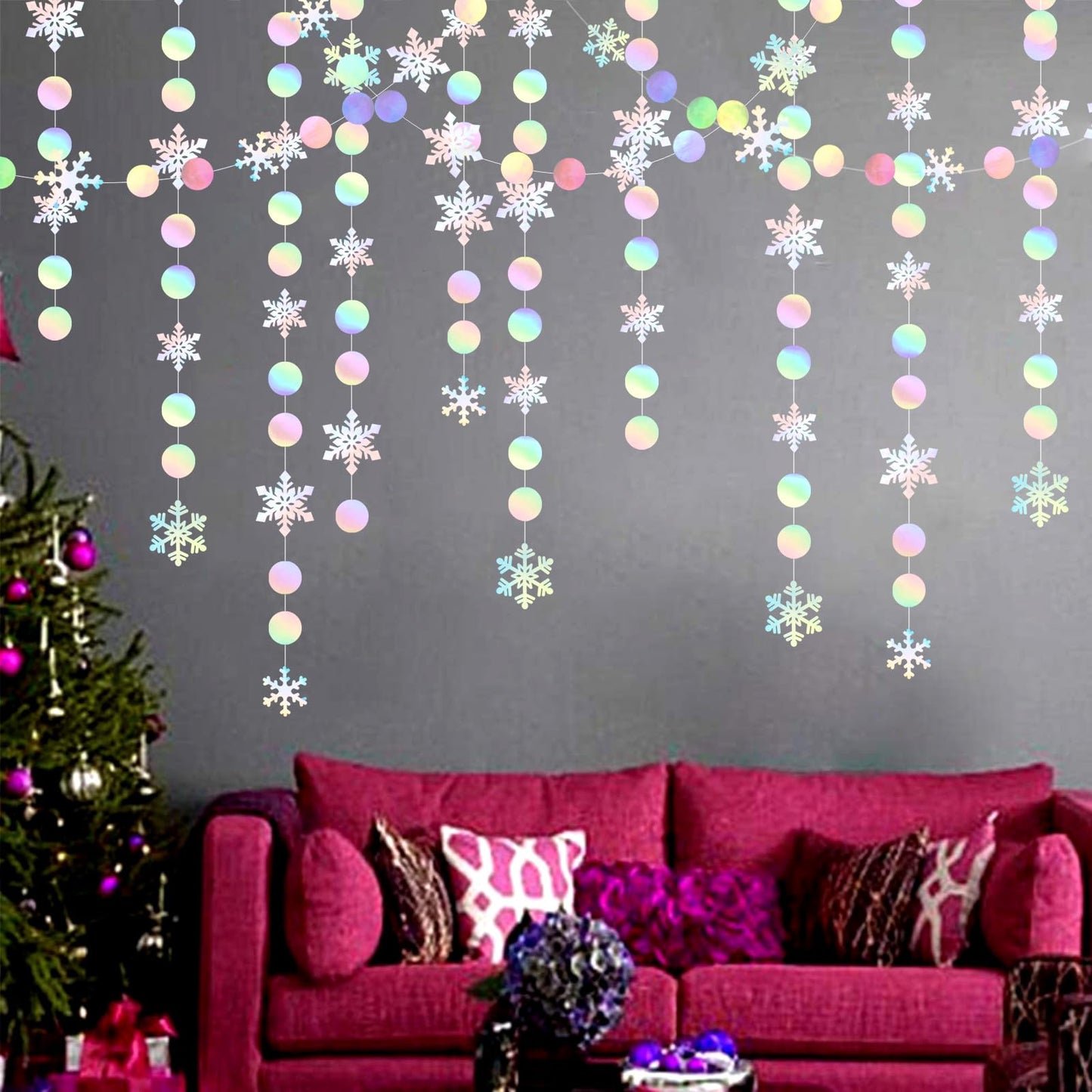 Snowflake-Snow Iridescent-Holographic Christmas Party-Decoration Garland - 52Ft Winter Wonderland Frozen Hanging Paper Streamers,Birthday New Year Supplies Decor Lasting Surprise