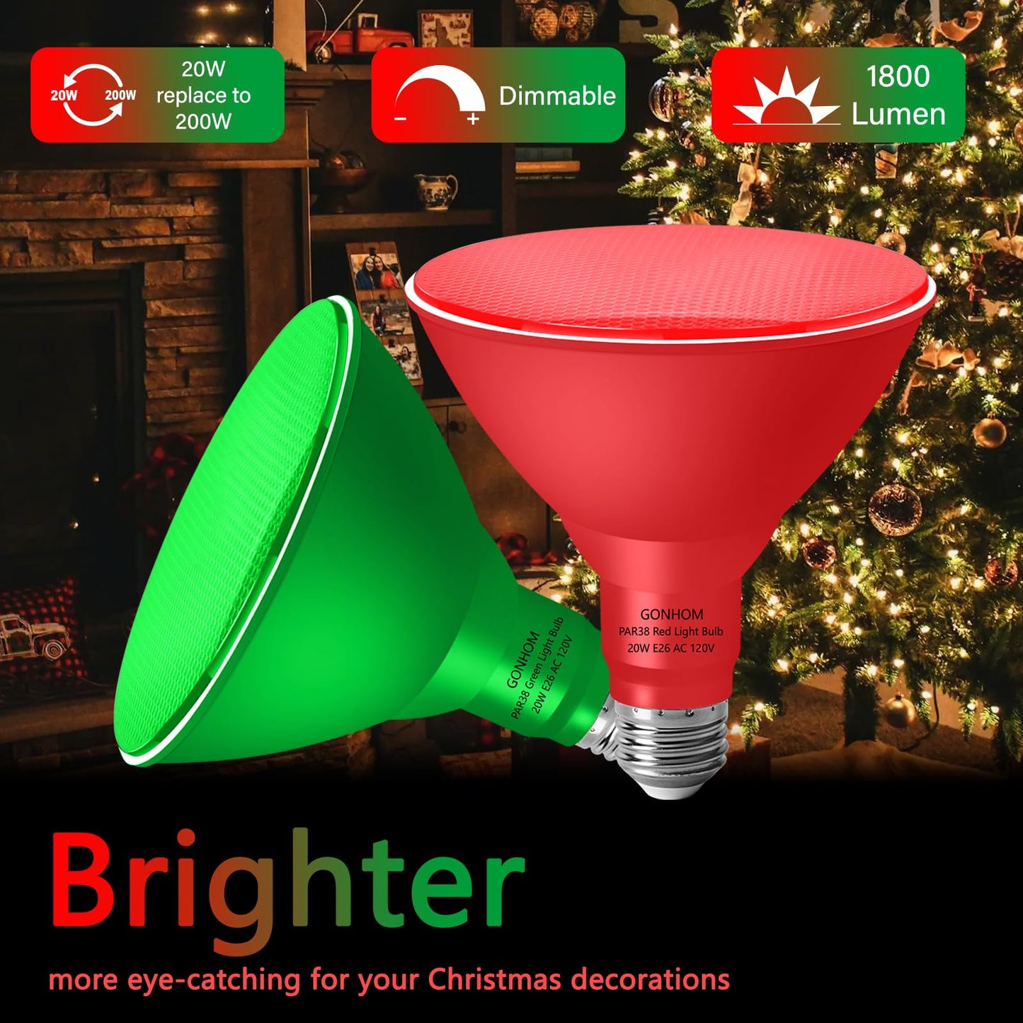 Gonhom PAR38 Flood Lights Outdoor,Dimmable LED Flood Light Bulbs,20W(Equivalent to 200W),E26 Base,Outdoor Porch,Holiday Lighting,LED Flood Light Bulb for Halloween,Christmas,4 Pack Red Green