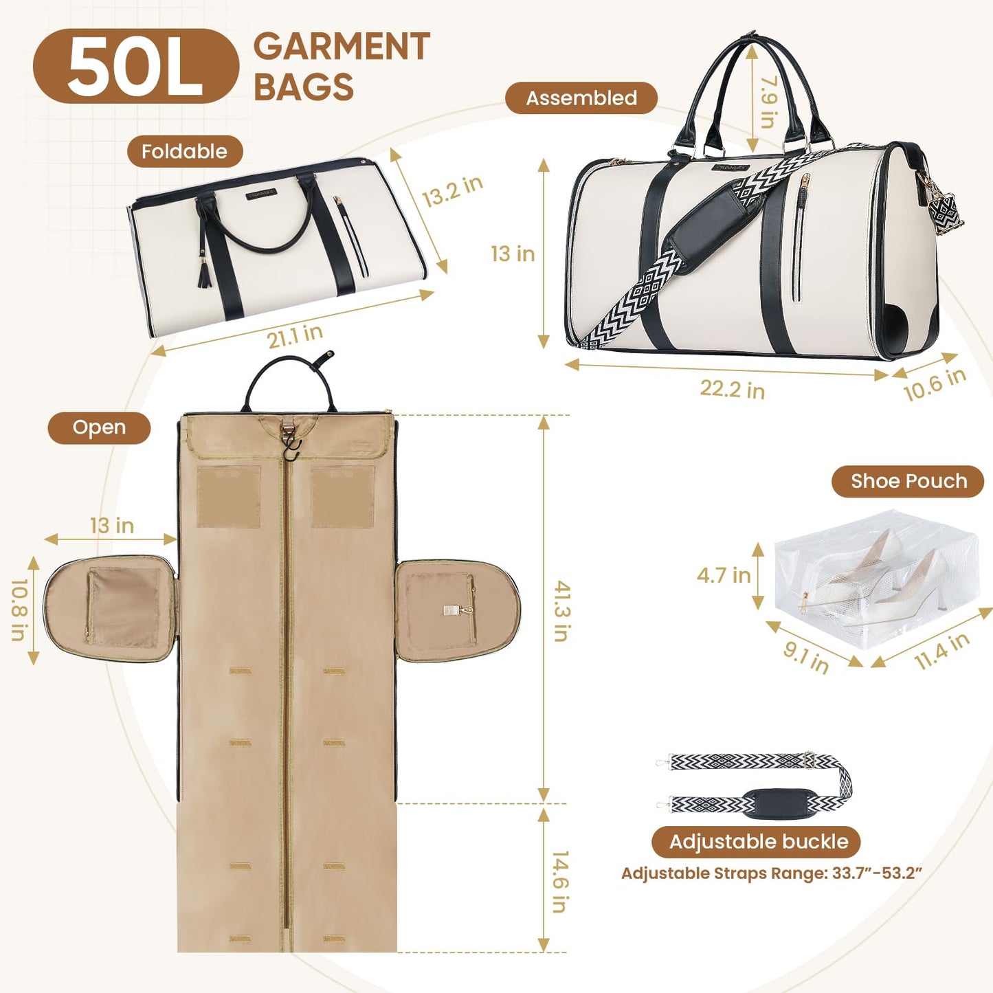 CSUNNUFA Convertible Garment Bag for Travel, Carry on Garment Duffel Bags with Shoe Pouch Weekender Bag for Men Women 2 in 1 Hanging Suitcase Suit for Business Trip, Vacation (Beige)