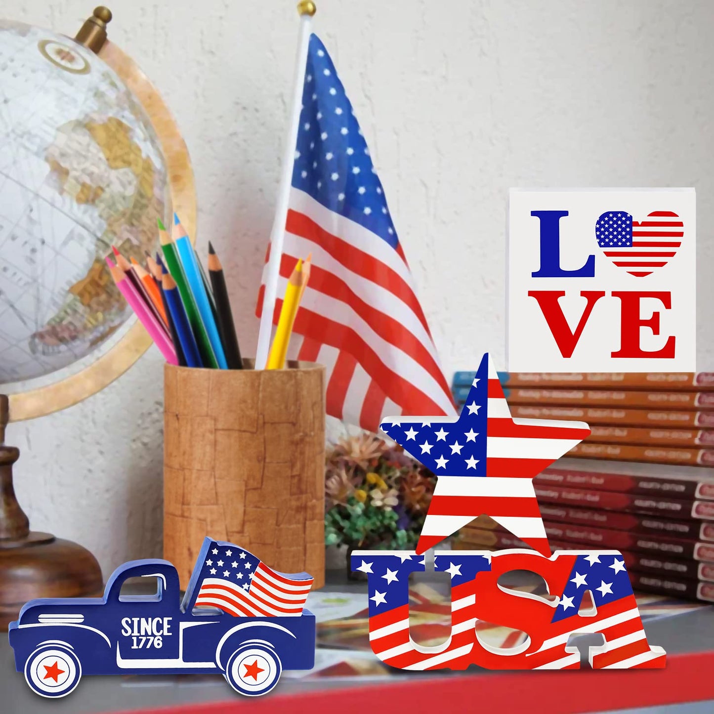 4th of July Decor Patriotic Decorations 4Pcs Wooden Star USA LOVE Car Sign Fourth of July Table Decorations Memorial Day Red White and Blue Decor