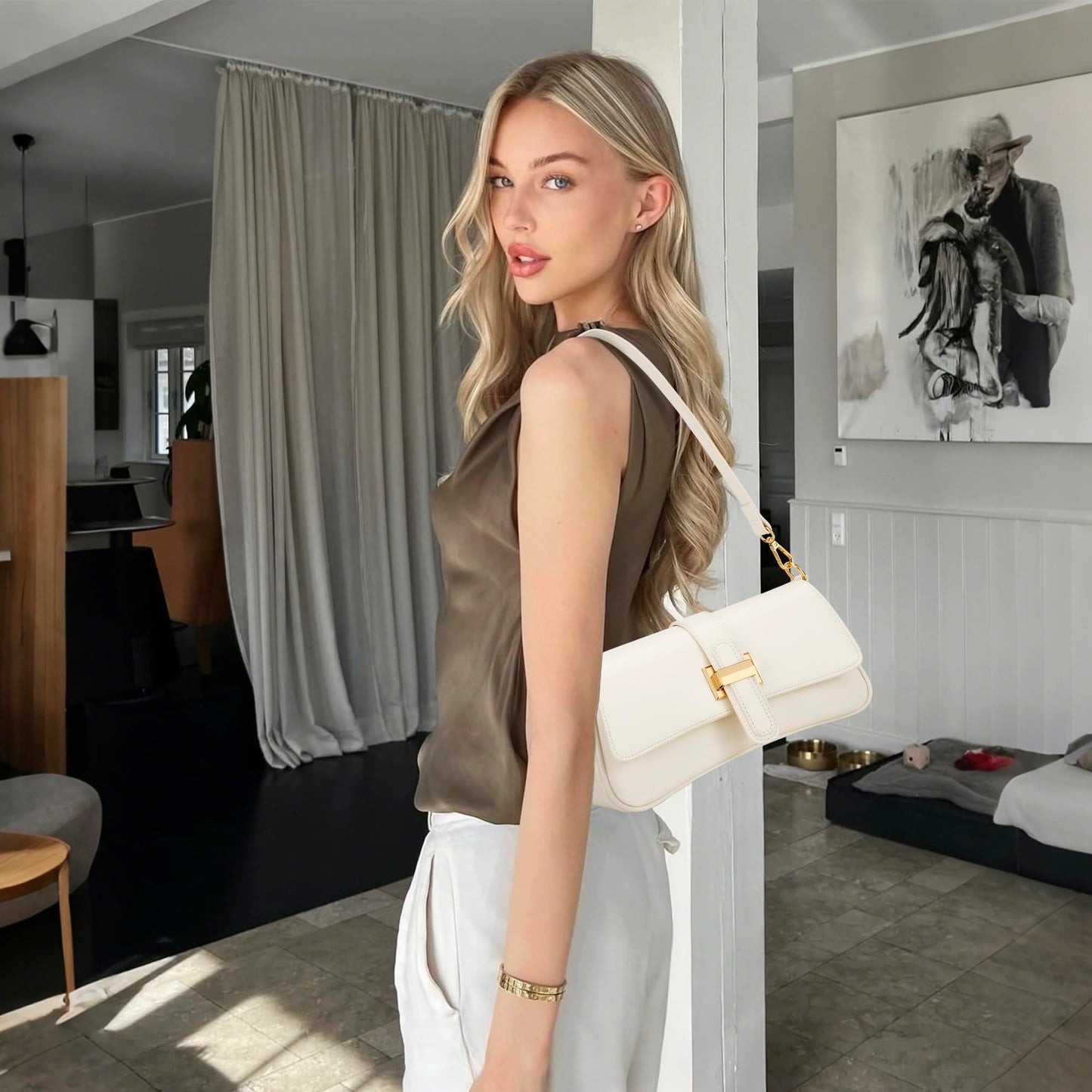 Shoulder Bag for Women, Small Handbag Hobo Purses, Retro Clutch Underarm Bag, Beige
