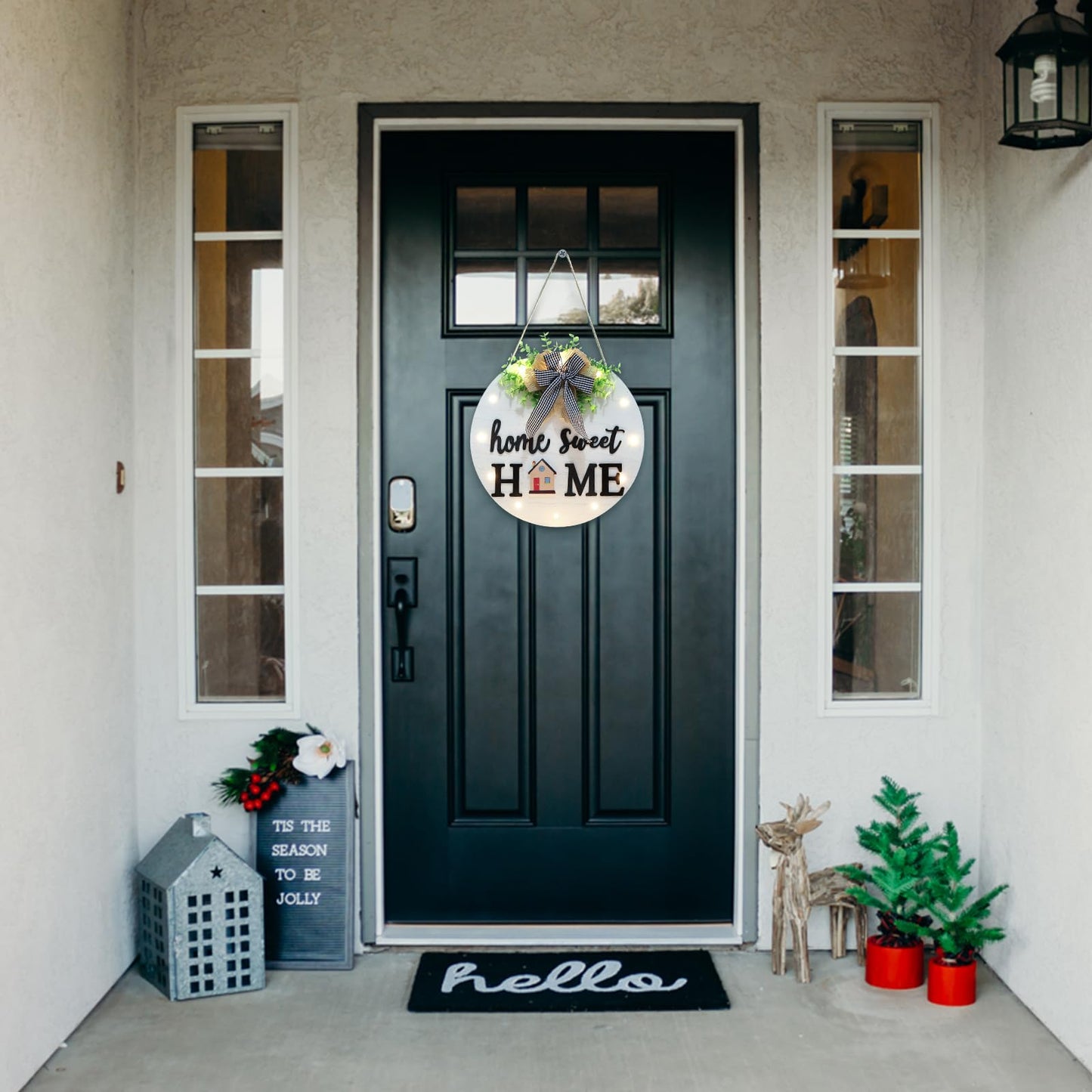 Interchangeable Welcome Sign for Front Door with 14 Changeable Icons, Farmhouse Front Porch Decor Rustic Wooden Wall Sign with 12 LED Lights, Outdoor Seasonal Welcome Home Decorations (White1)