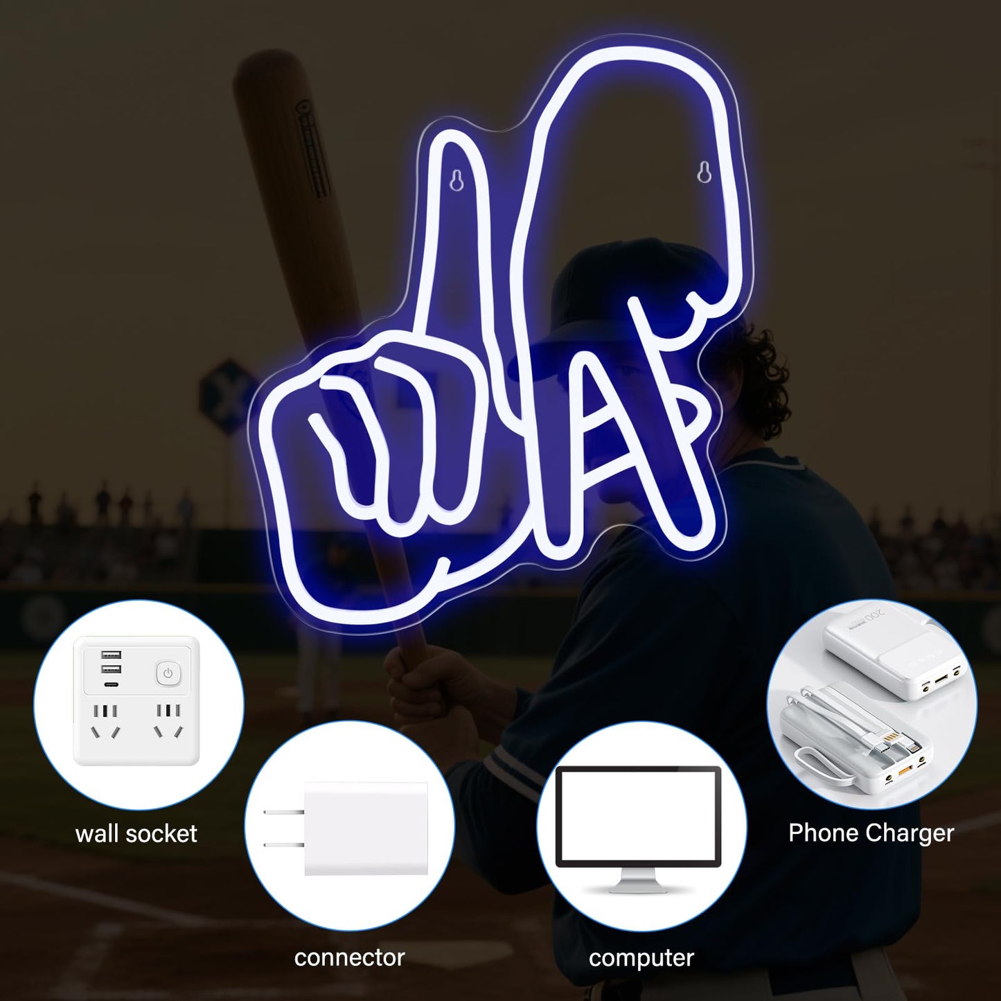 Los Angeles Neon Sign for Garage Wall Decor LA Baseball Gesture Neon Lights for Man Cave Dimmable Baseball Team Logo Led Sign Bedroom Party Birthday Gift for Fans