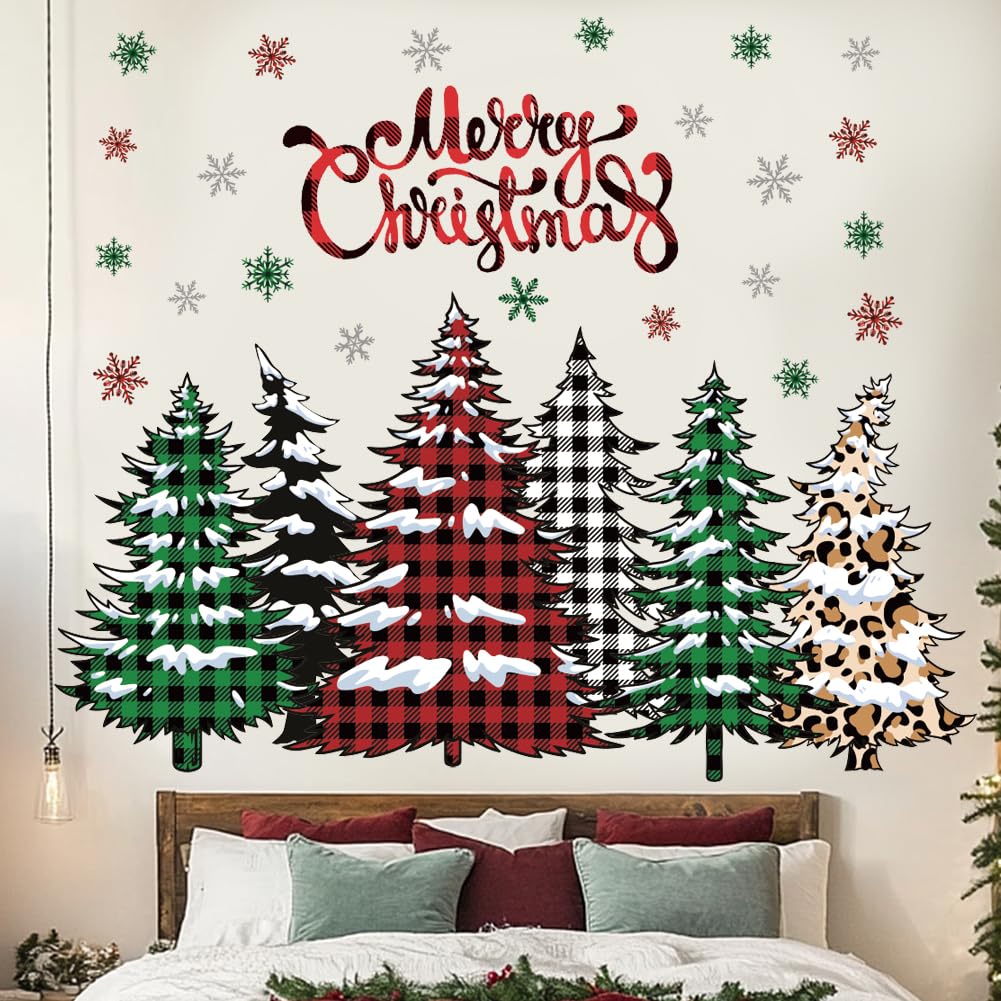 Merry Christmas Wall Decal Buffalo Checkered Christmas Tree Wall Stickers Winter Snowflake Window Clings for Xmas Holiday Festival Party Supplies