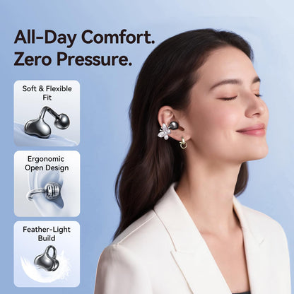 Kinglucky Jewelry-Inspired Clip-On Earbuds with Butterfly Earrings, Comfortable Fit & 50H Playtime Open Ear Bluetooth 5.4 Wireless Headphones for Women, Small Ears, Sports & Workouts (Black)