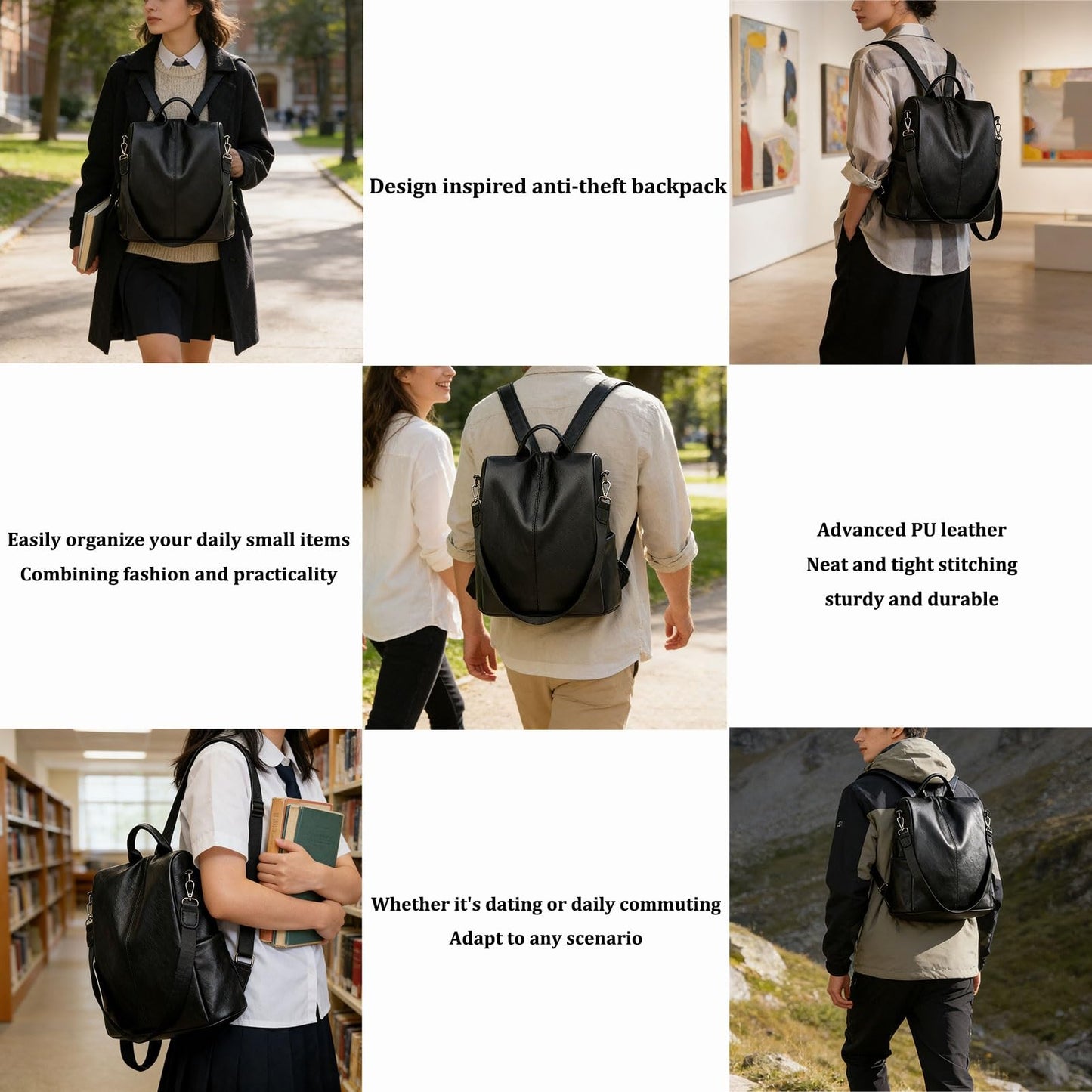 LY&SQ Women Anti-theft Backpack Purse, PU Leather Travel Rucksack Fashion Multipurpose Handbag Ladies Daily Work Shoulder Bags(Black)