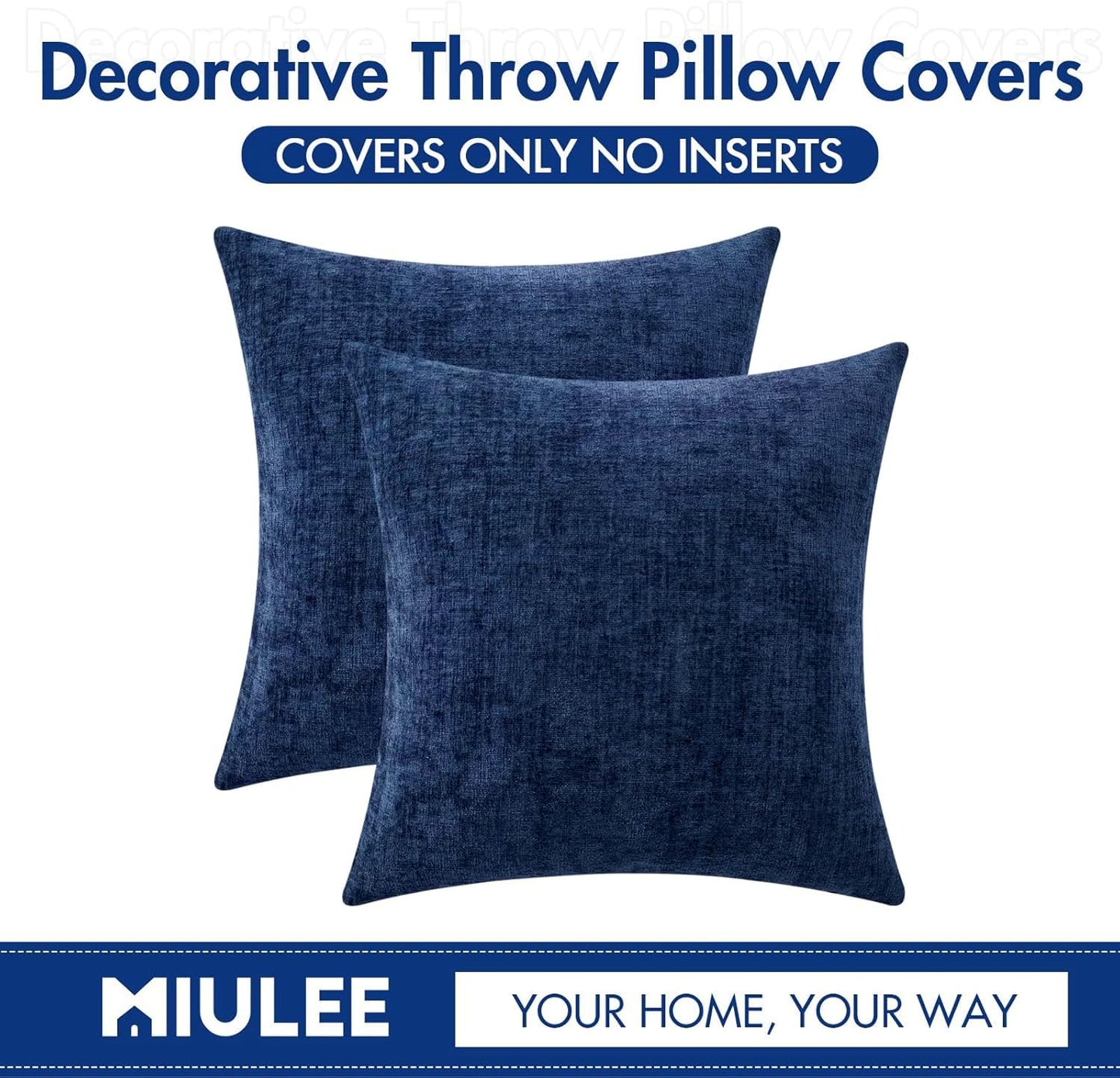 MIULEE Pack of 2 Couch Throw Pillow Covers 16x16 Inch Spring Soft Navy Chenille Pillow Covers for Sofa Living Room Solid Dyed Pillow Cases