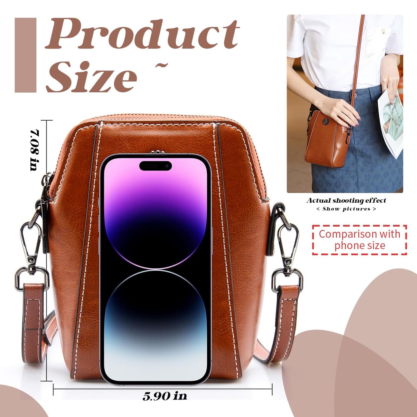 Designer Leather Small Crossbody Bags Purses for Women Cell Phone Bag Soft Women's Shoulder Handbags Gifts for Women (Brown)
