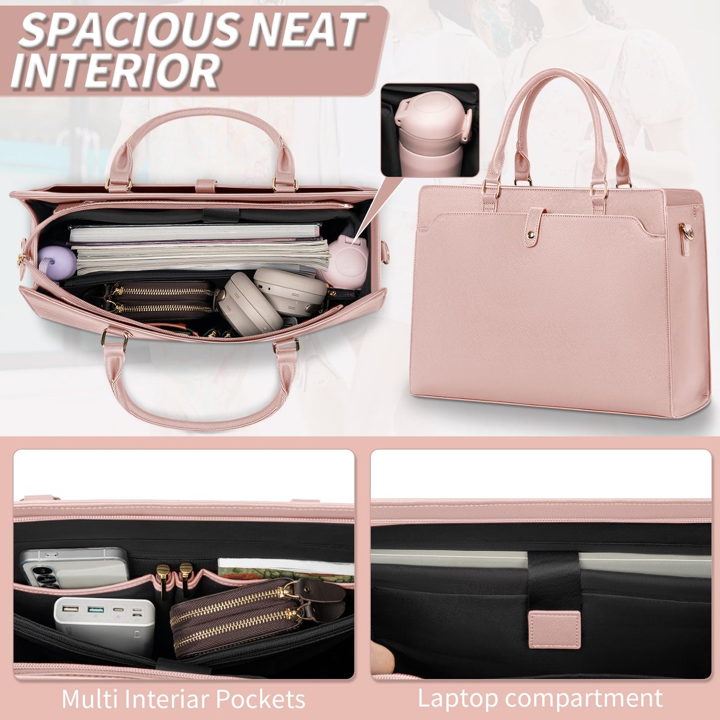 GMAK Laptop Tote Bag for Women, 15.6 Inch Leather Computer Bags Lightweight Business Office Work Briefcase Large Capacity Waterproof Handbag for Daily Commute Travel Work, Pink