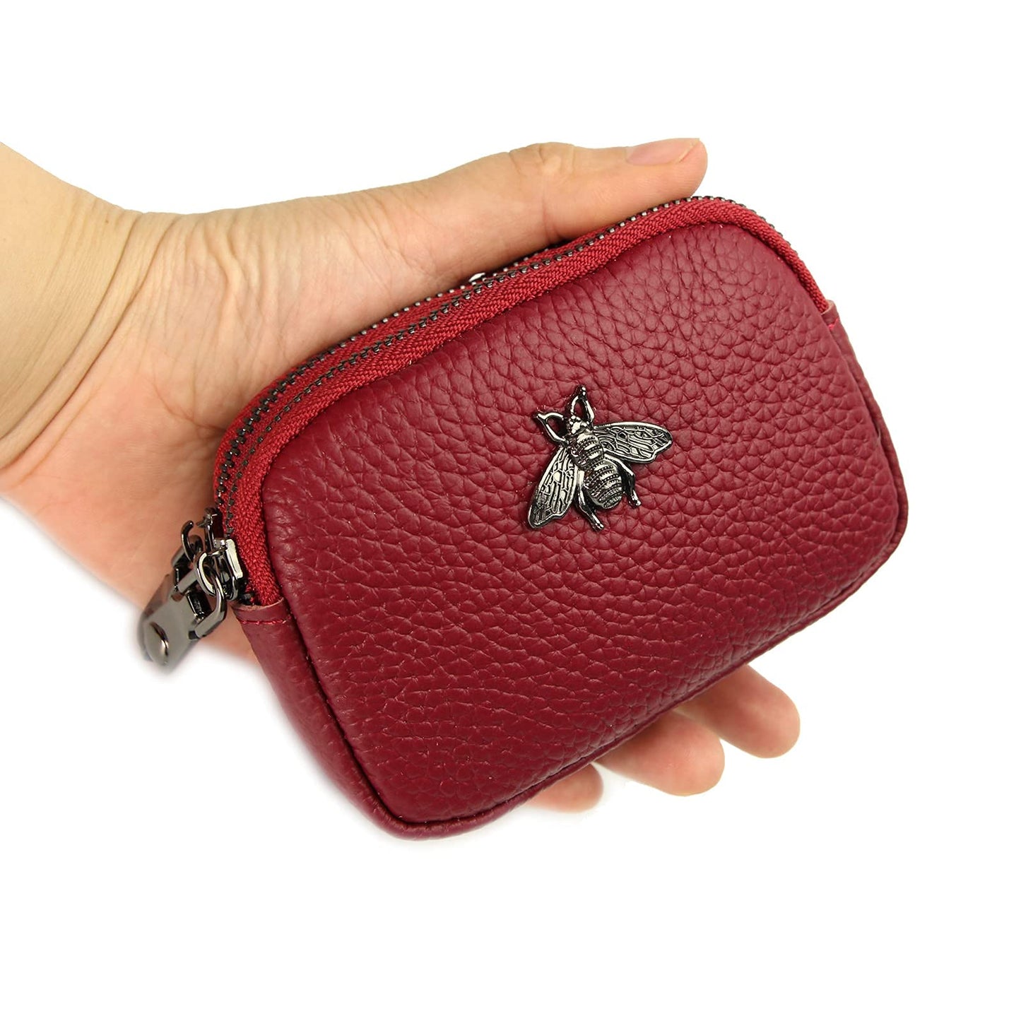 Yocipa Genuine Leather Coin Purse for Women Small Double Zipper Wallet Mini Change Pouch with Bee Charm for Cash Cards Keys Cute Compact Organizer (Wine Red)