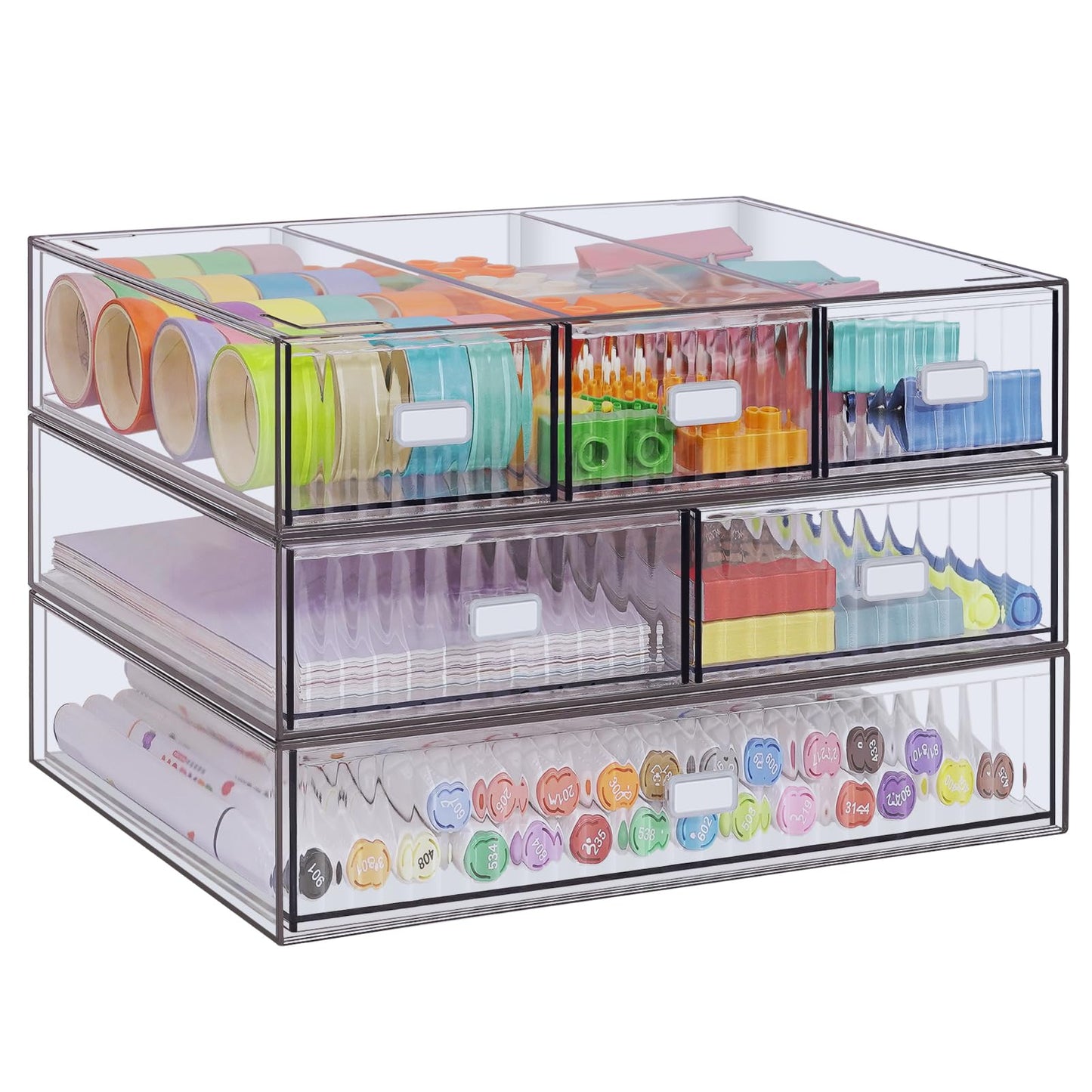 3 Tier Stackable Desk Organizer with 6 Drawers, YOCOMEY Plastic Desktop Storage Box Drawers, Detachable Makeup Storage Office Stationery Supplies Organizer for Office School(Clear)