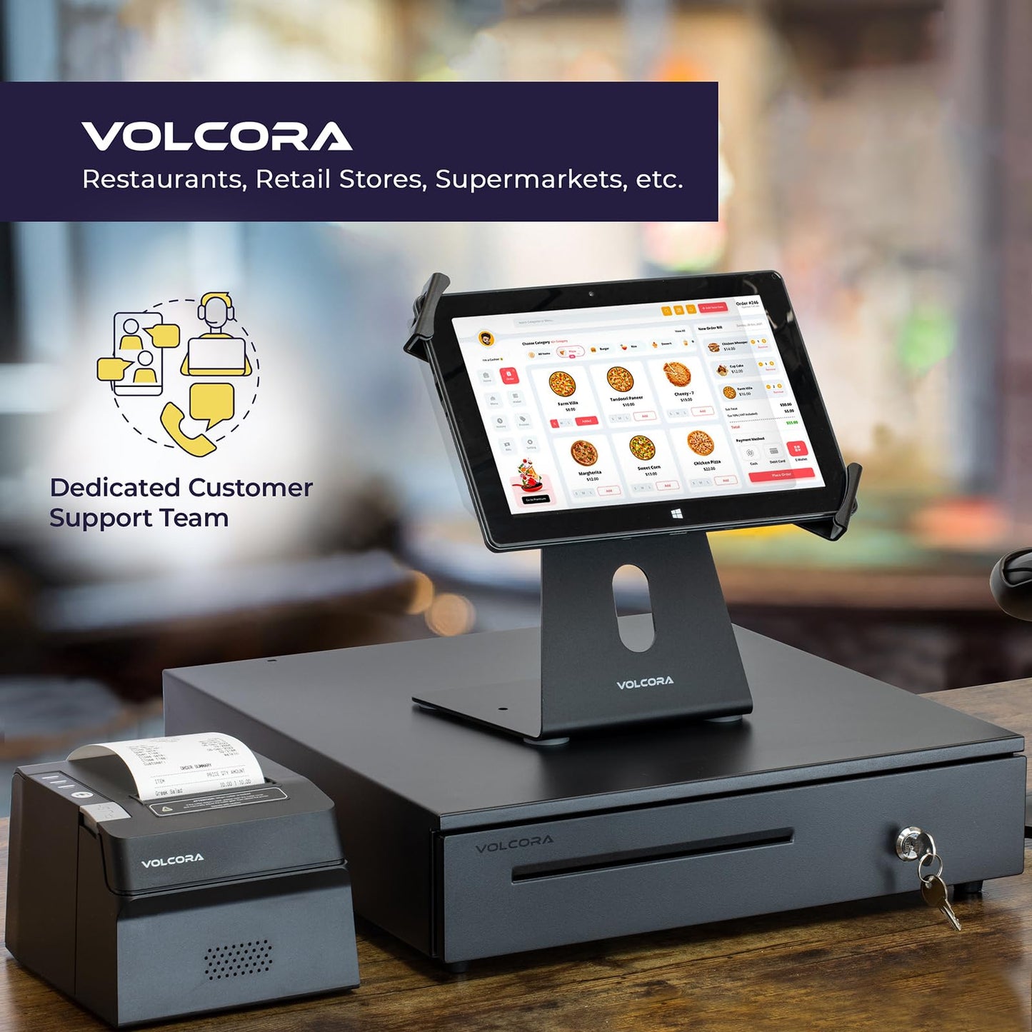 Volcora Cash Register Drawer for Point of Sale (POS) System, 5 Bill/7 Coin, 16" with Adjustable Coin Slots, 12-24V, RJ11/RJ12 Key-Lock, Media Slot, Black