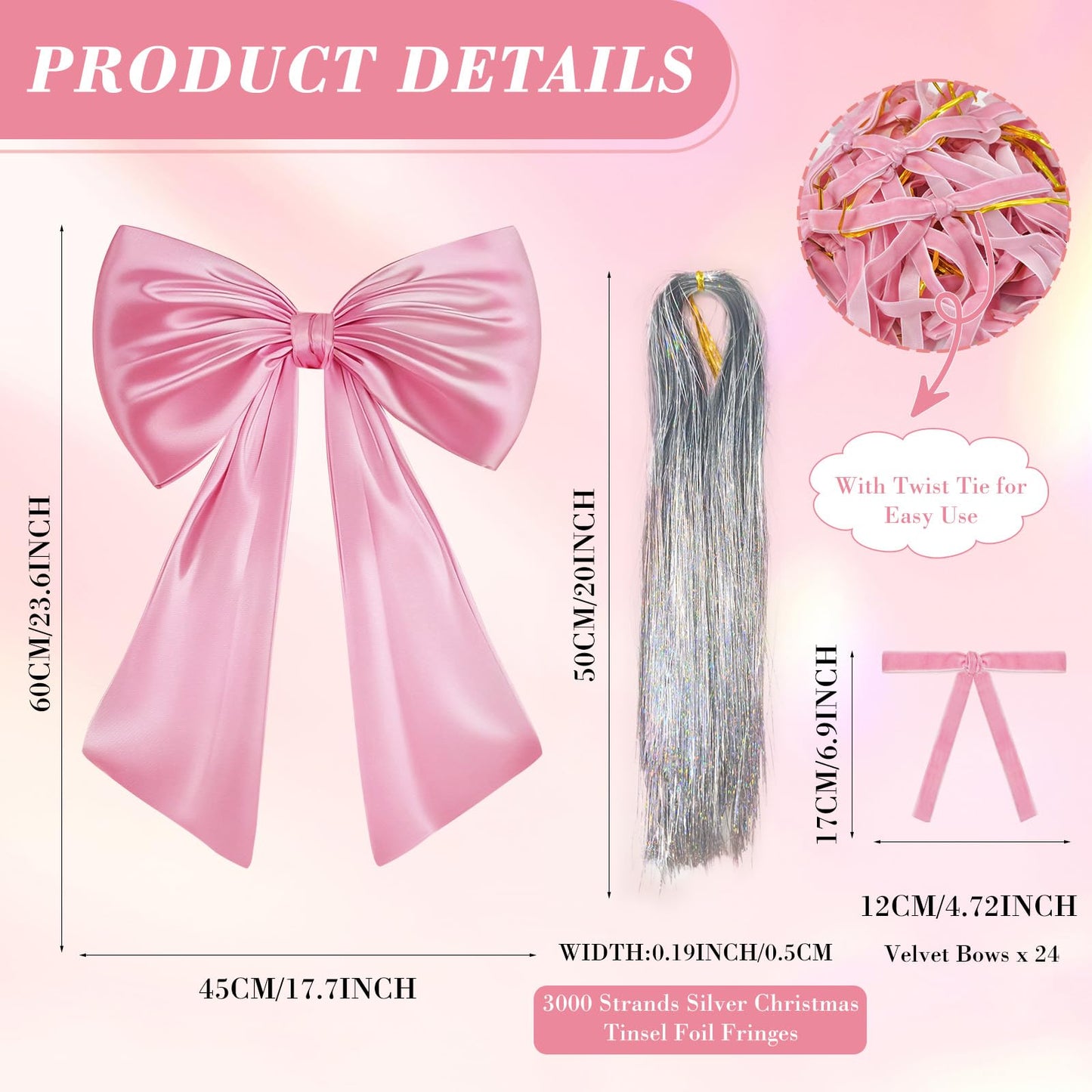 17x23 Inch Large Pink Bow for Christmas Tree Topper Christmas Tree Decoration Set: 24 Small Velvet Bows, 1 Pcs Big Tree Topper Bow, 3000 Strands of Tinsel Icicles for Holiday Decor (Pink)