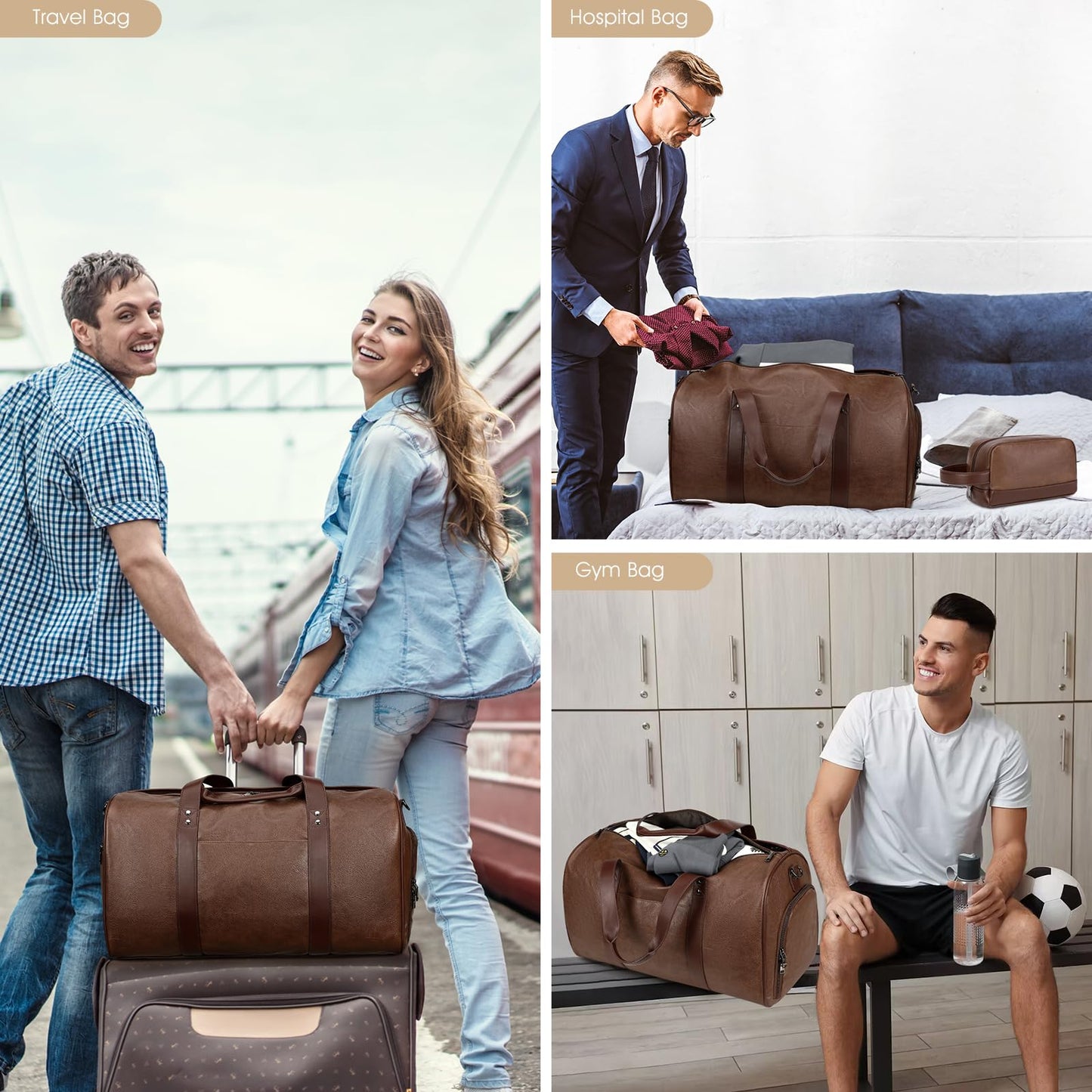 Wogarl 3PCS Faux Leather Weekender Bag for Women Men Large Overnight Travel Duffel Bags with Shoe Compartment Toiletry Packing Cube Carry On Duffle Fit 21" Laptop(Coffee)