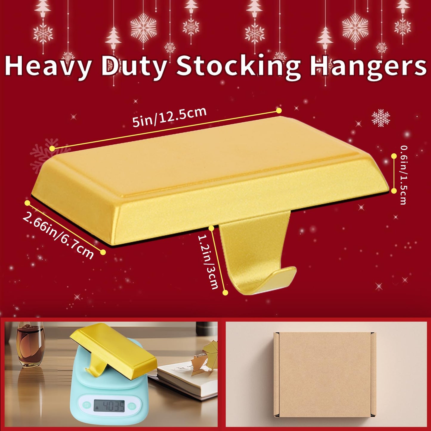 Oleitodh 8 Pack Metal Gold Christmas Stocking Holders for Mantle Heavy Duty Stocking Hangers Stocking Hook Christmas Ornaments for Counter Tables Window Fireplace Mantle Decoration