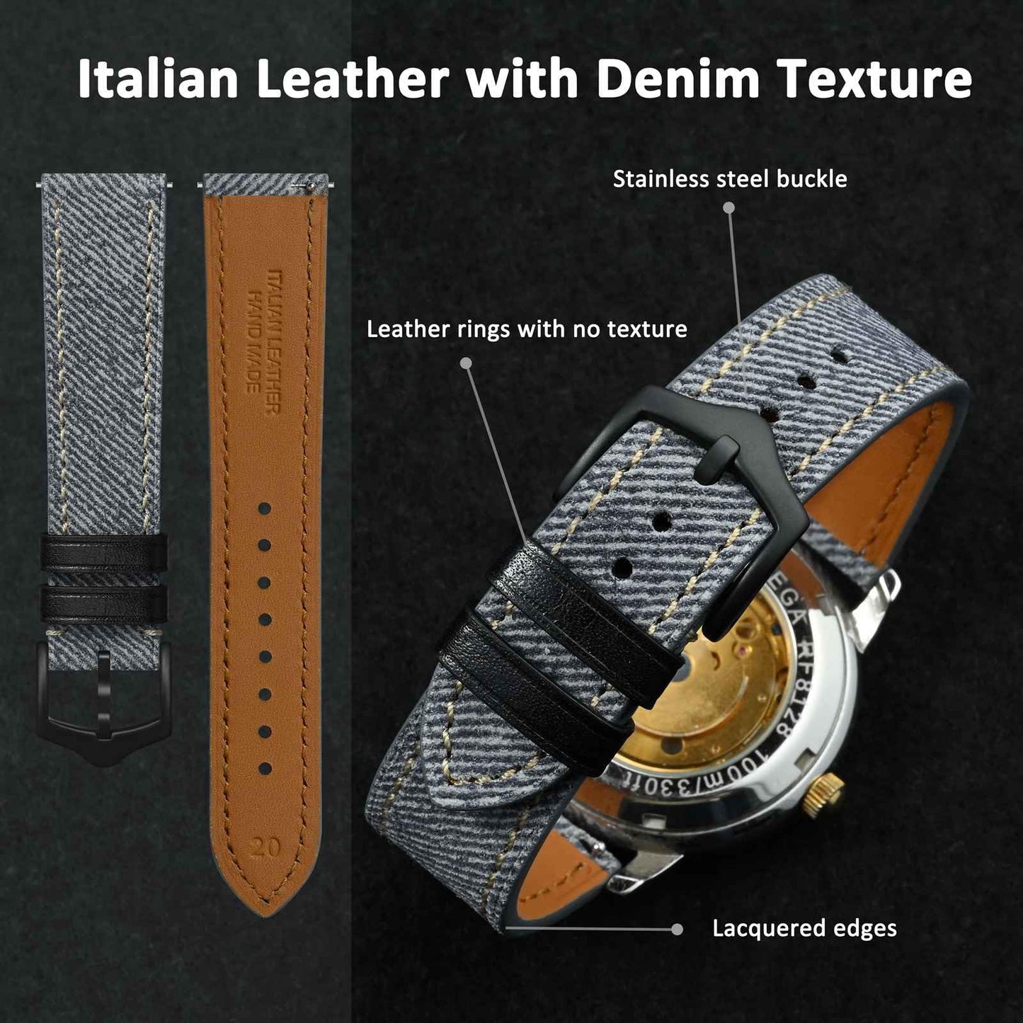WOCCI 18mm Watch Band, Italian Leather, Denim Pattern, Black Buckle (Ash Blue)