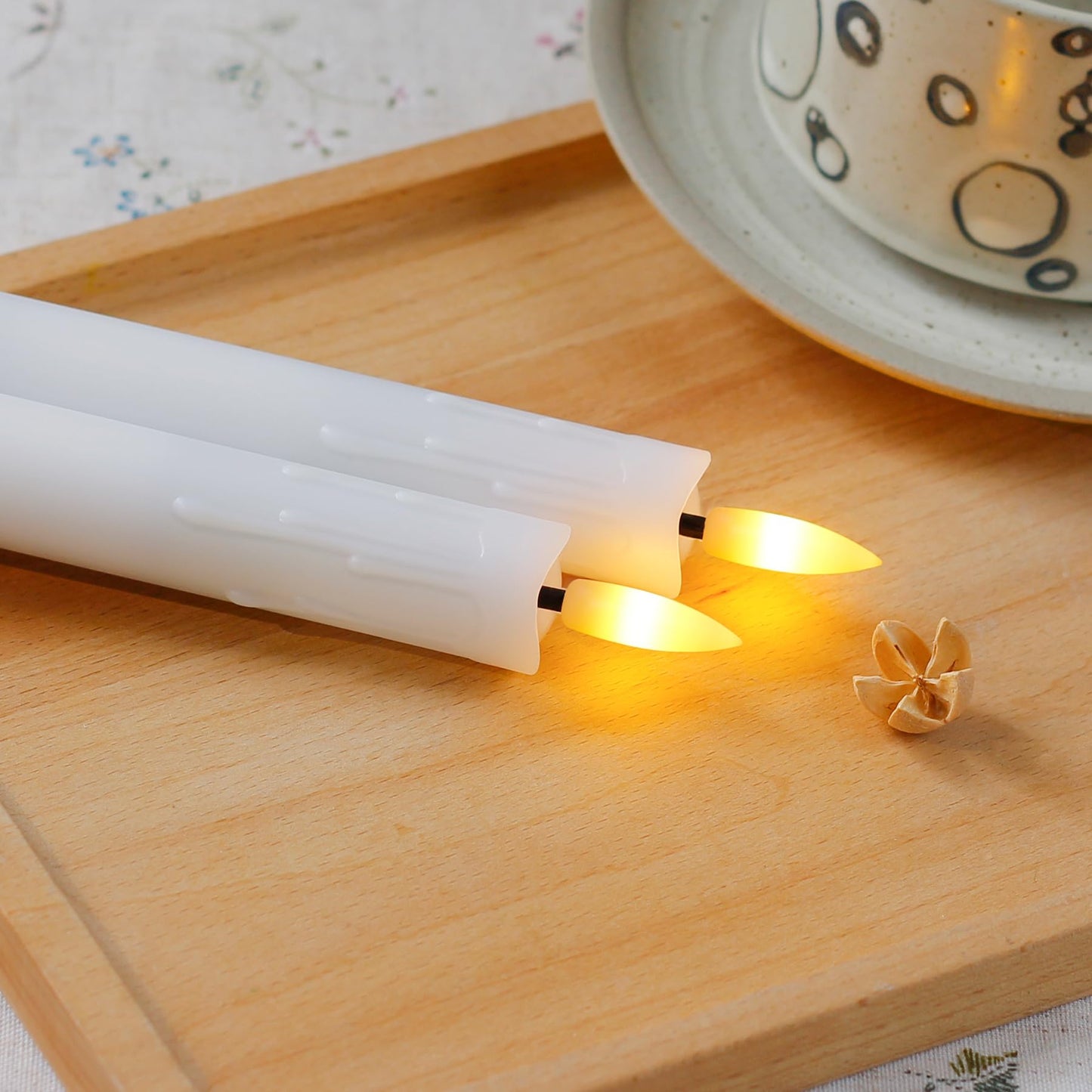 Mavandes Flameless Flickering Taper Candles Two Remote, 7.5 Inch White Battery Operated LED Window Candles Timer,Set of 6 Plastic 3D-Wick Dripping-Wax Effect Flameless Candlesticks(0.86”Dia,Warm Fire)