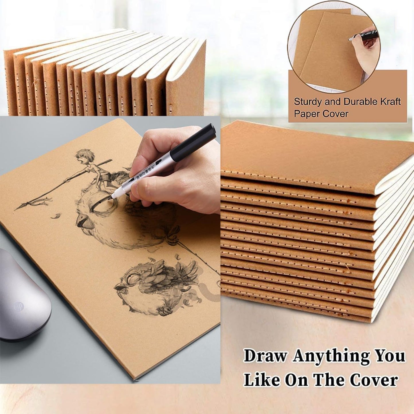 FAWTEEM 24 Pack A5 Blank Notebook Bulk Kraft Cover Blank Sketch Book Pad Travel Journals Composition Diary Subject Notebooks Planner 60 Pages, 8.3”x 5.5”