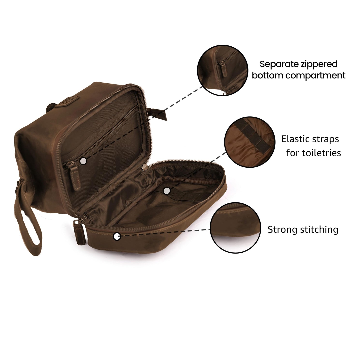 LEATHER VILLAGE Genuine Leather Dopp Kit – Large Travel Toiletry Bag with Waterproof Lining, Dual-Zip Design for Men & Women, Organizer for Shaving, Makeup & Essentials - Brown
