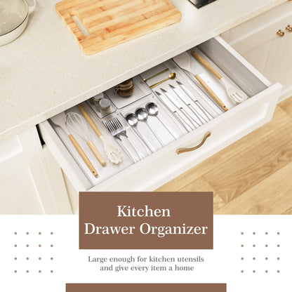 Criusia Drawer Organizer, 10 Pack Large Clear Plast Set, 3 Size Versatile Bathroom and Vanity Organizer Trays, Storage Bins for Makeup, Bedroom, Kitchen Utensils