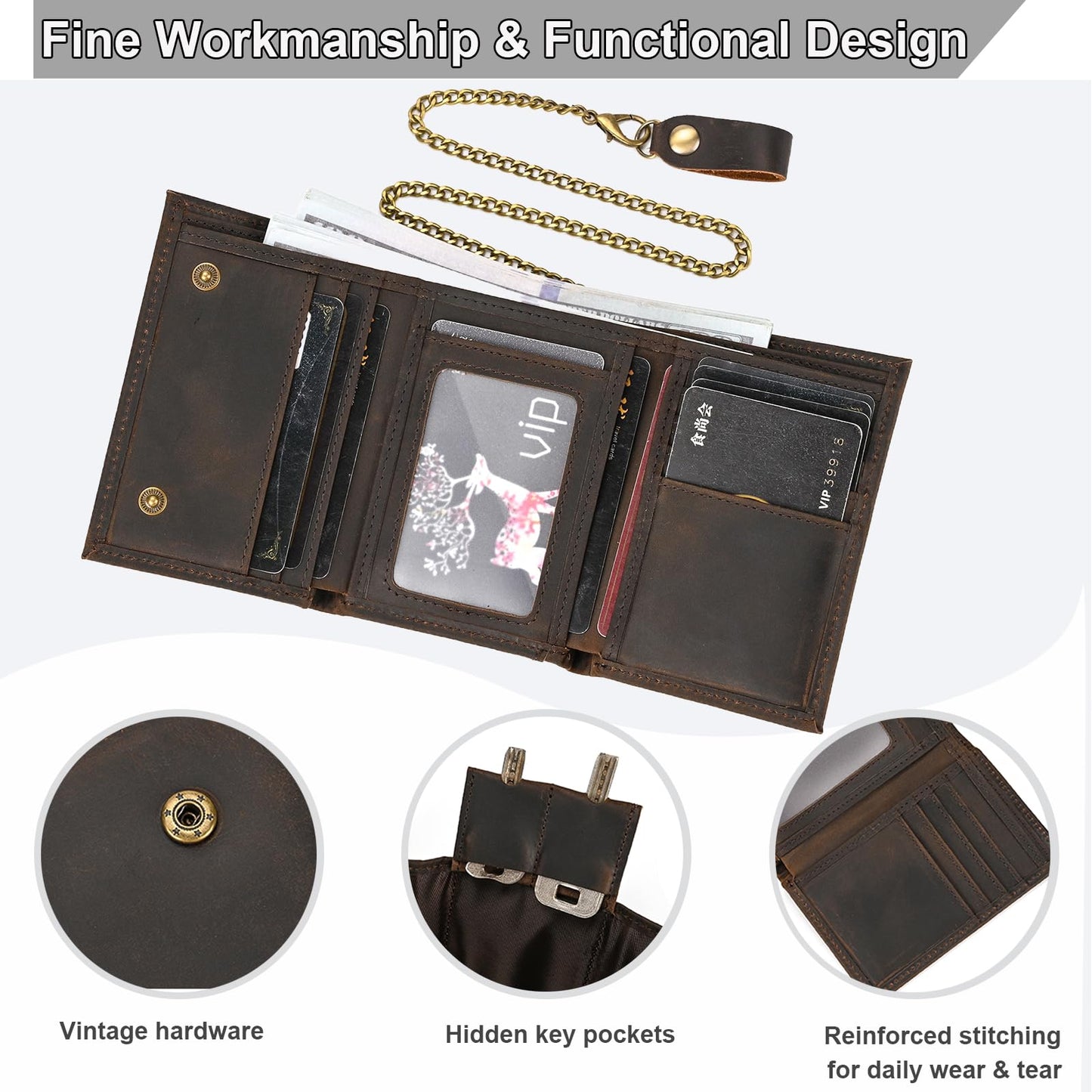 Yevabo Men's Full Grain Leather Trifold Wallet with Chain - Vintage Full Grain Leather Short Purse for Men with Multi-Card Slots, ID Window, Key Holder, Dark Brown