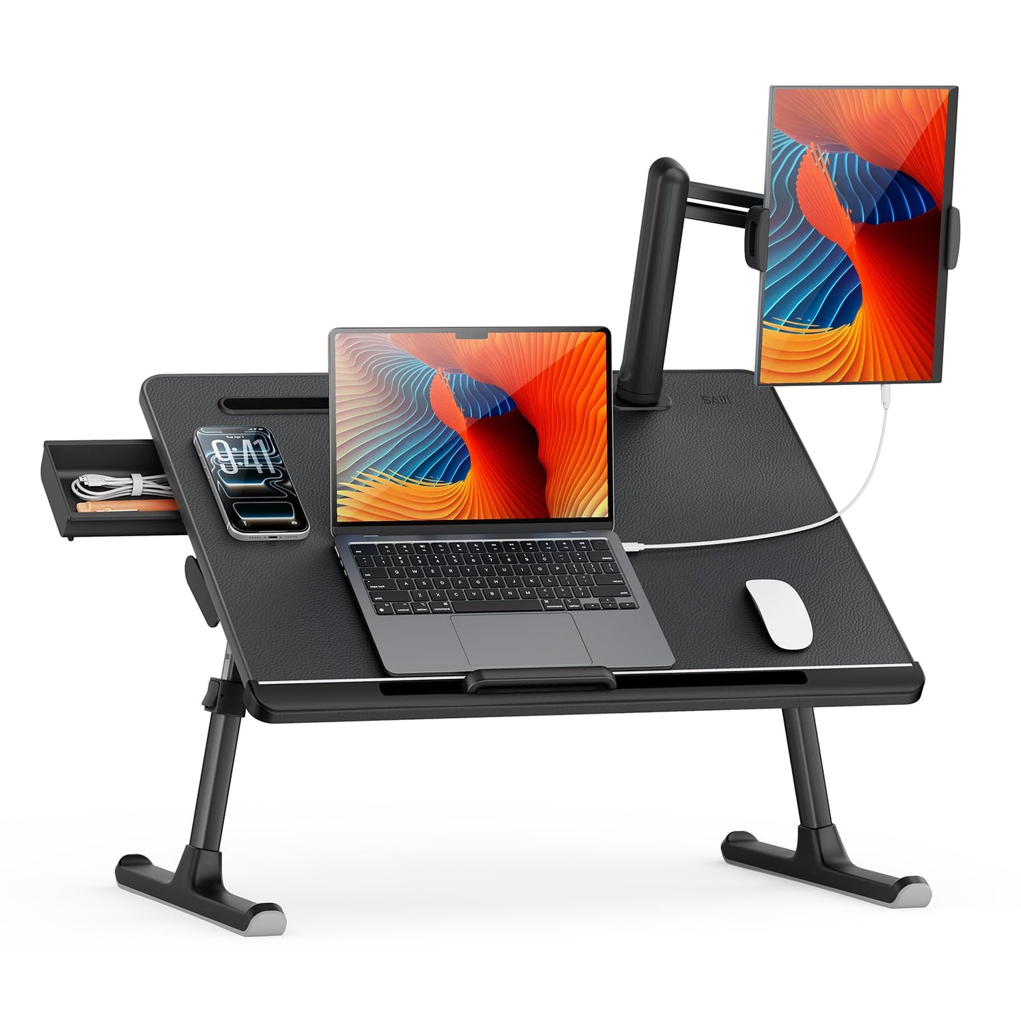 SAIJI Dual Screen Laptop Bed Desk | Foldable Adjustable Lap Desks for Adults, X-Large Couch Bed Tray Table with Portable Monitor Stand and Drawer